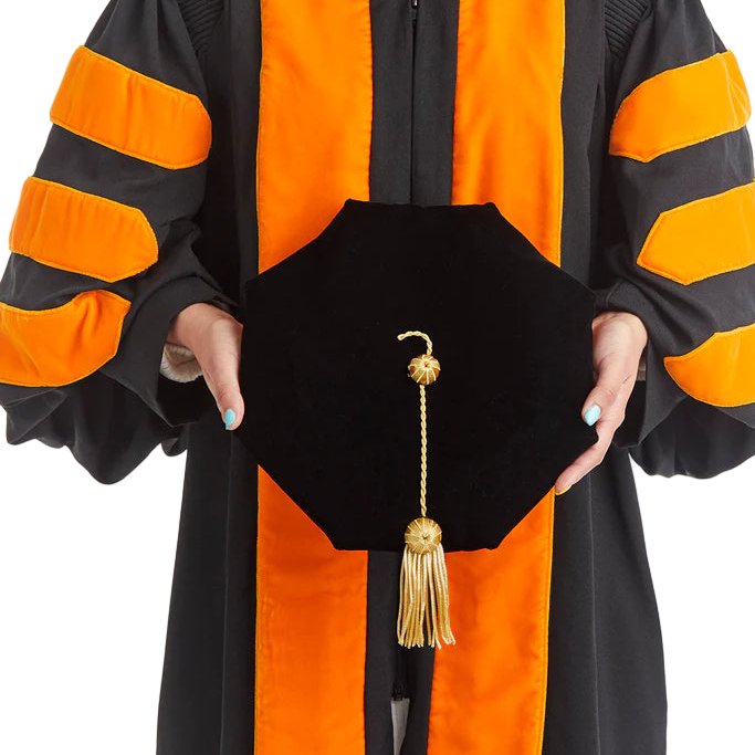 Princeton University black eight-sided doctoral tam with gold bullion tassel, crafted in plush velvet for distinguished academic tradition.