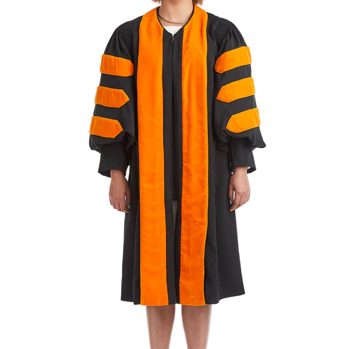 Princeton University doctoral gown in official orange & black, featuring plush velvet panels, three velvet chevrons on bell sleeves, and premium tailored fabric designed to meet Intercollegiate Bureau of Academic Costume standards.