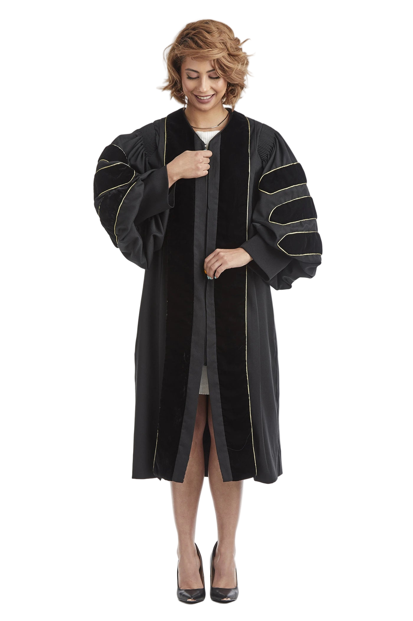 Purdue University doctoral gown in official black featuring plush velvet panels, three velvet chevrons on bell sleeves, and premium tailored fabric designed to meet Intercollegiate Bureau of Academic Costume standards.