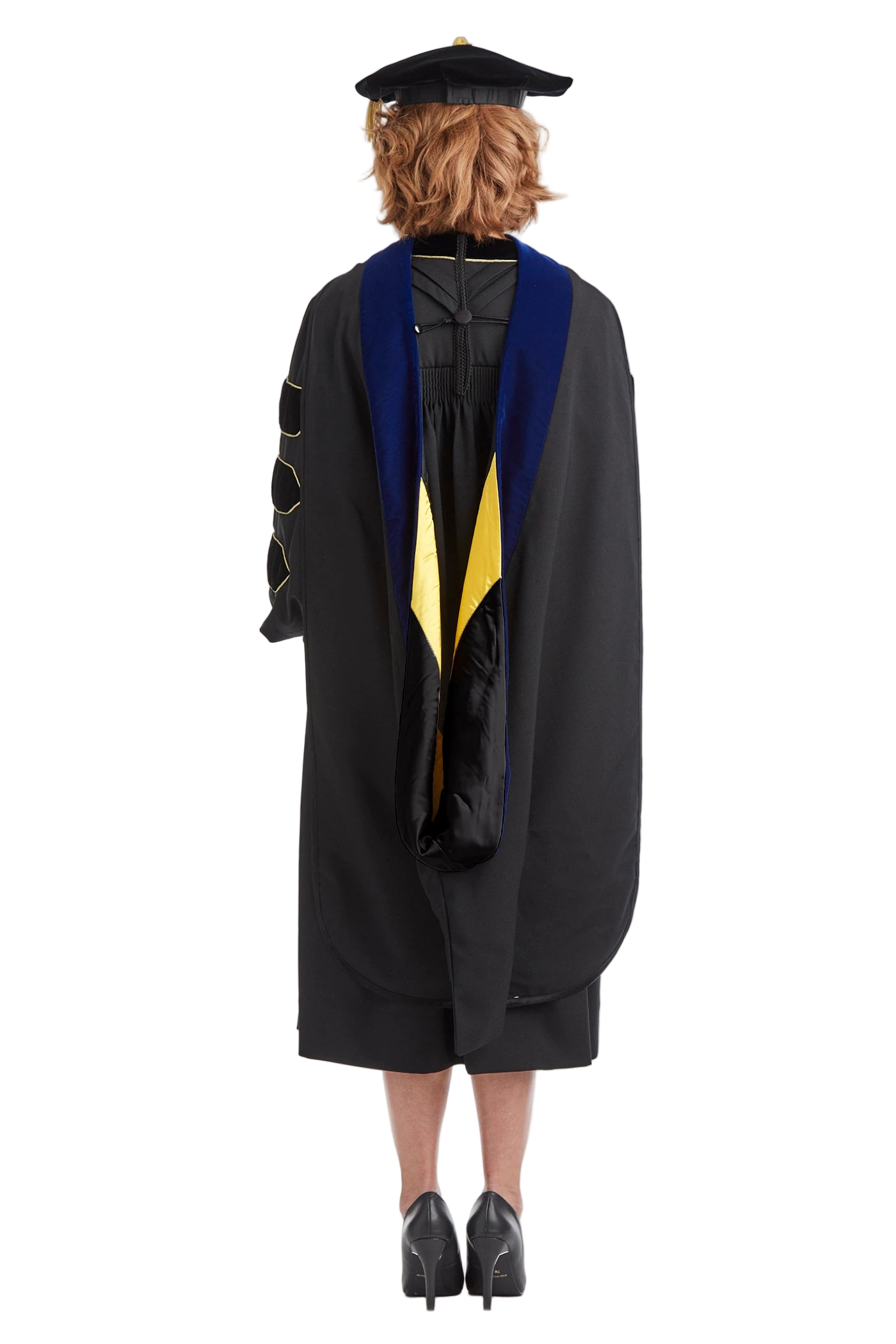 Purdue University doctoral hood with black and yellow satin lining, blue velvet trim for PhD discipline, and premium tailored construction meeting Intercollegiate Bureau of Academic Costume standards.