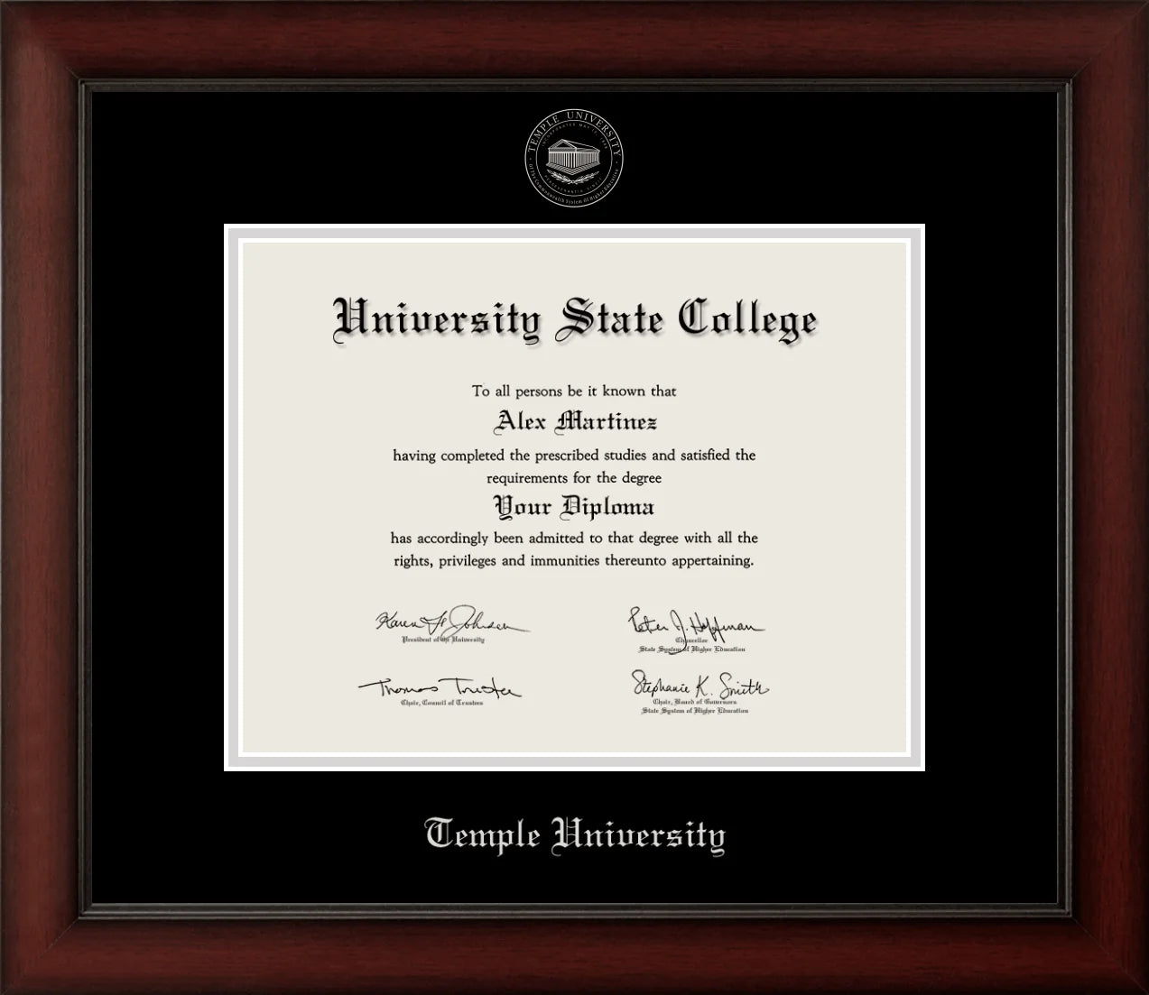 CAPGOWN | Temple University Cherry Wood Diploma Frame for Bachelor, Master, and Doctoral Graduates. Designed and made in USA.