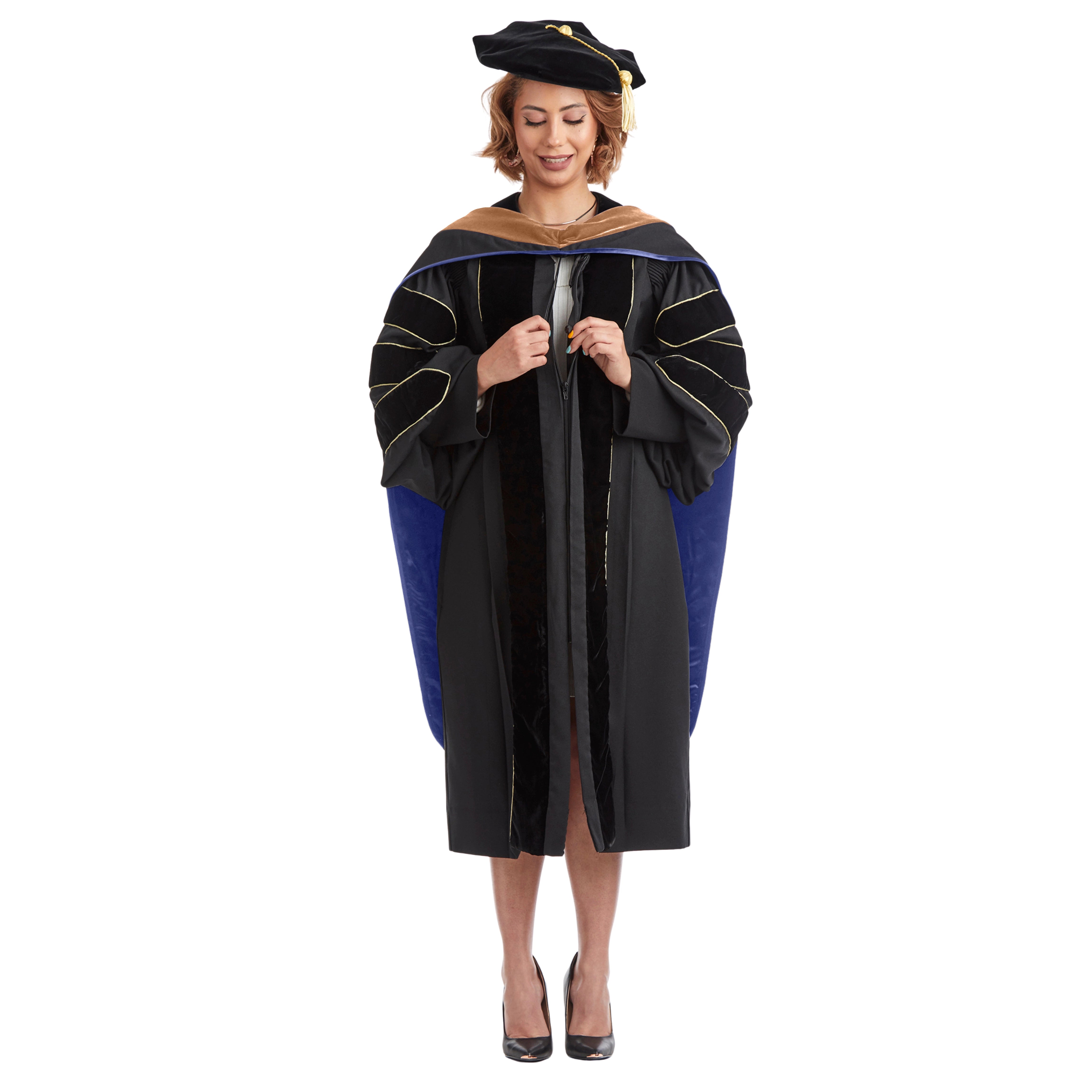 UBIS Doctoral Regalia Set for Doctor of Business Administration – includes black doctoral gown with velvet panels, UBIS DBA hood, gold bullion tassel on 8-sided tam, and official doctoral sash.