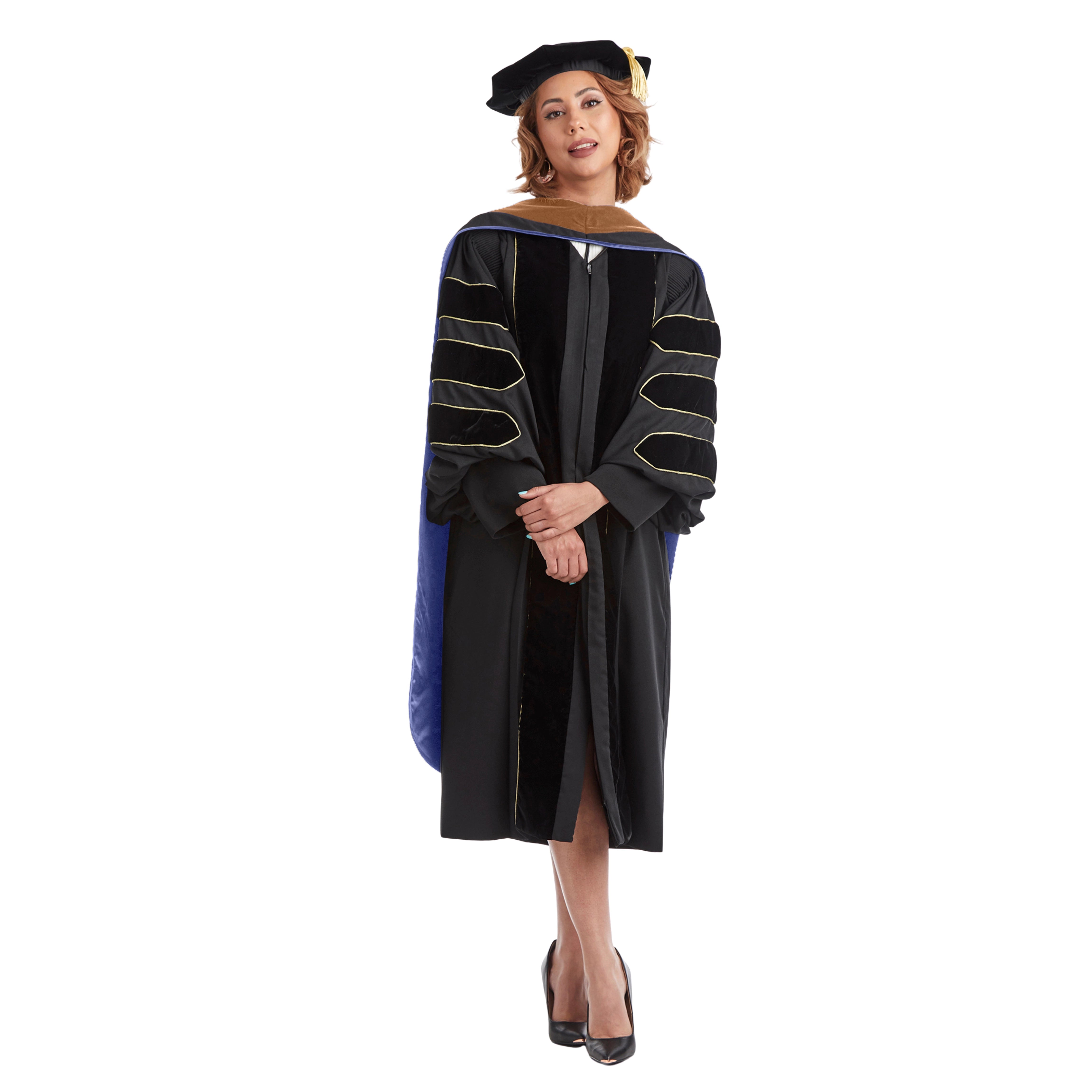 UBIS Doctoral Regalia Set for Doctor of Business Administration – includes black doctoral gown with velvet panels, UBIS DBA hood, gold bullion tassel on 8-sided tam, and official doctoral sash.