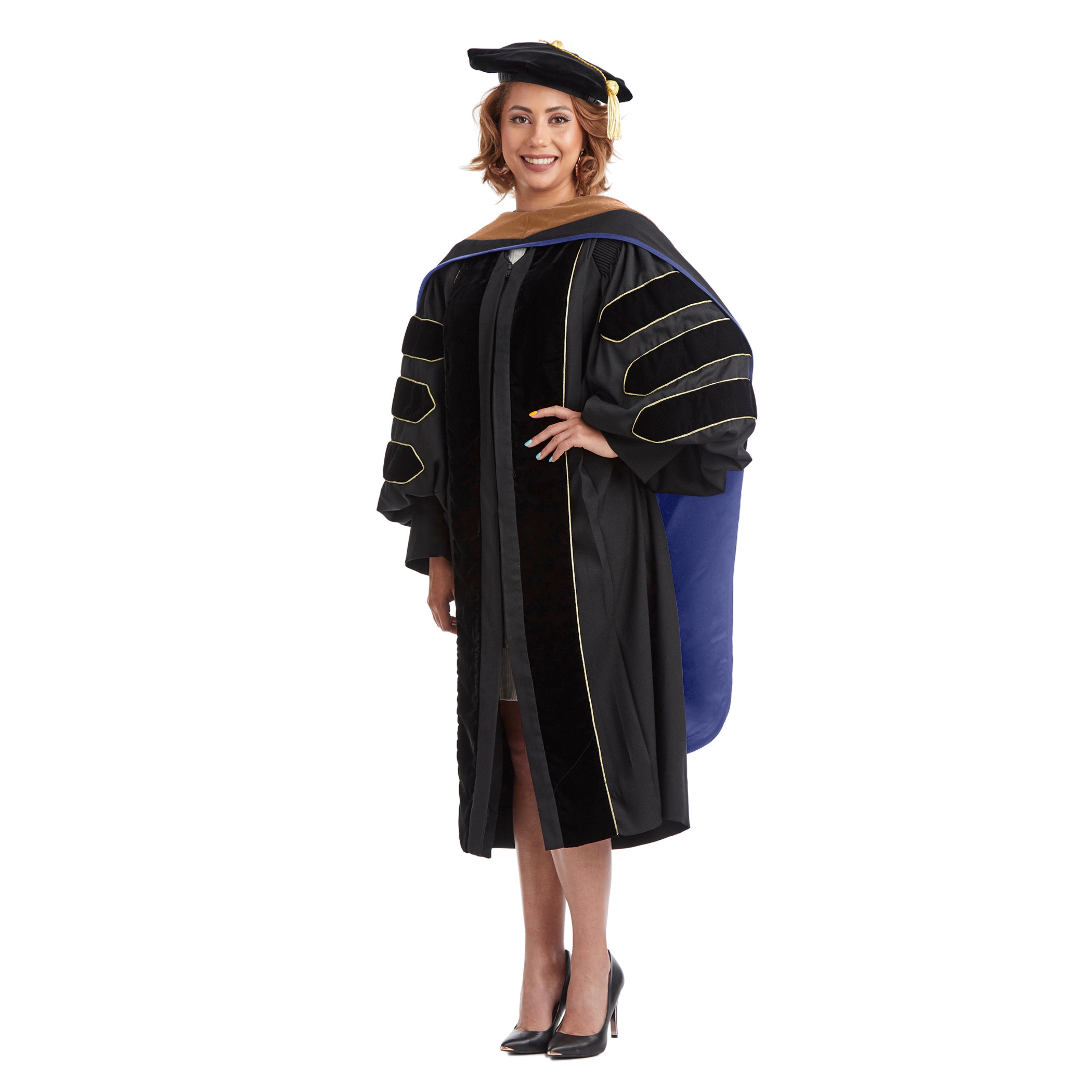 UBIS Doctoral Regalia Set for Doctor of Business Administration – includes black doctoral gown with velvet panels, UBIS DBA hood, gold bullion tassel on 8-sided tam, and official doctoral sash.