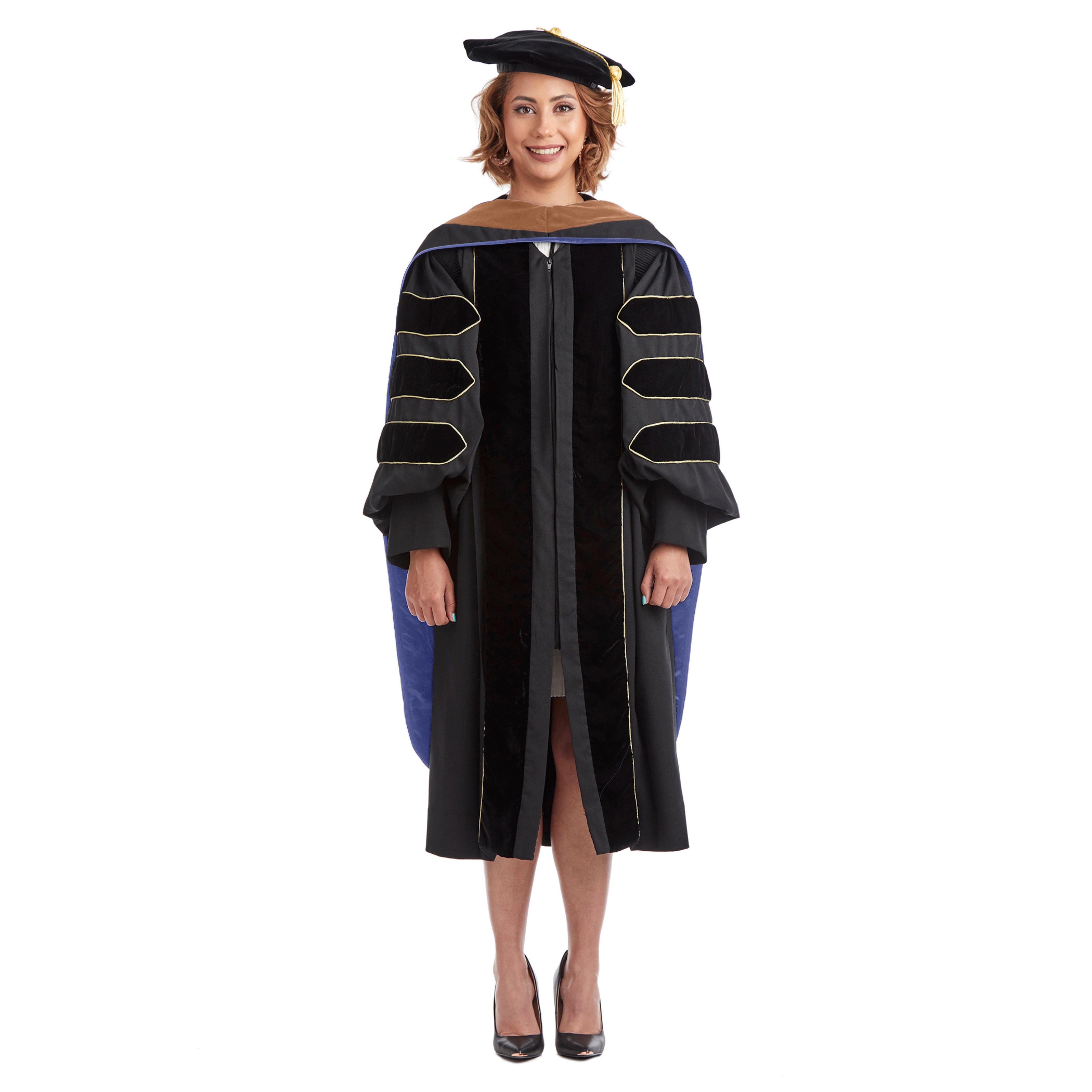 UBIS Doctoral Regalia Set for Doctor of Business Administration – includes black doctoral gown with velvet panels, UBIS DBA hood, gold bullion tassel on 8-sided tam, and official doctoral sash.