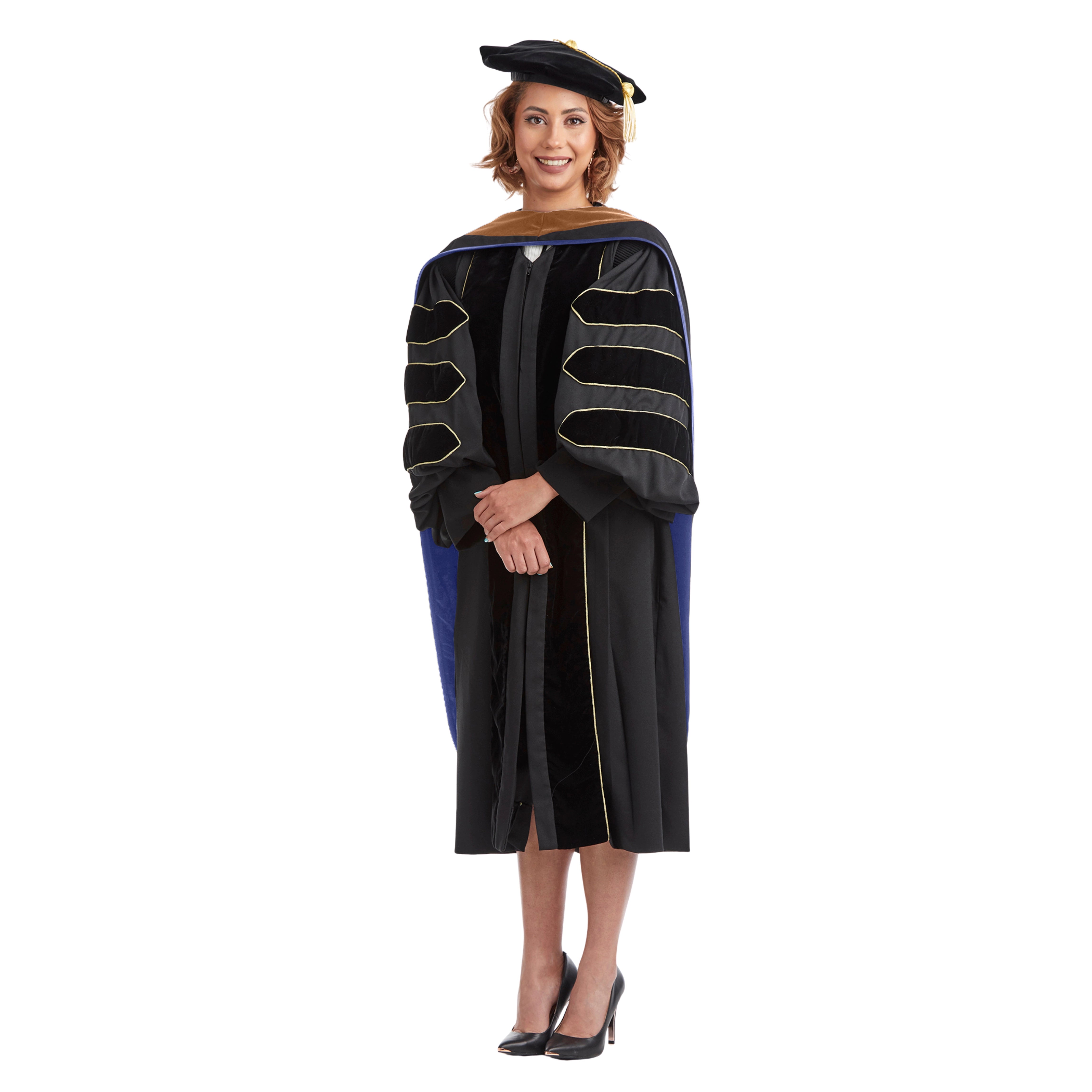UBIS Doctoral Regalia Set for Doctor of Business Administration – includes black doctoral gown with velvet panels, UBIS DBA hood, gold bullion tassel on 8-sided tam, and official doctoral sash.