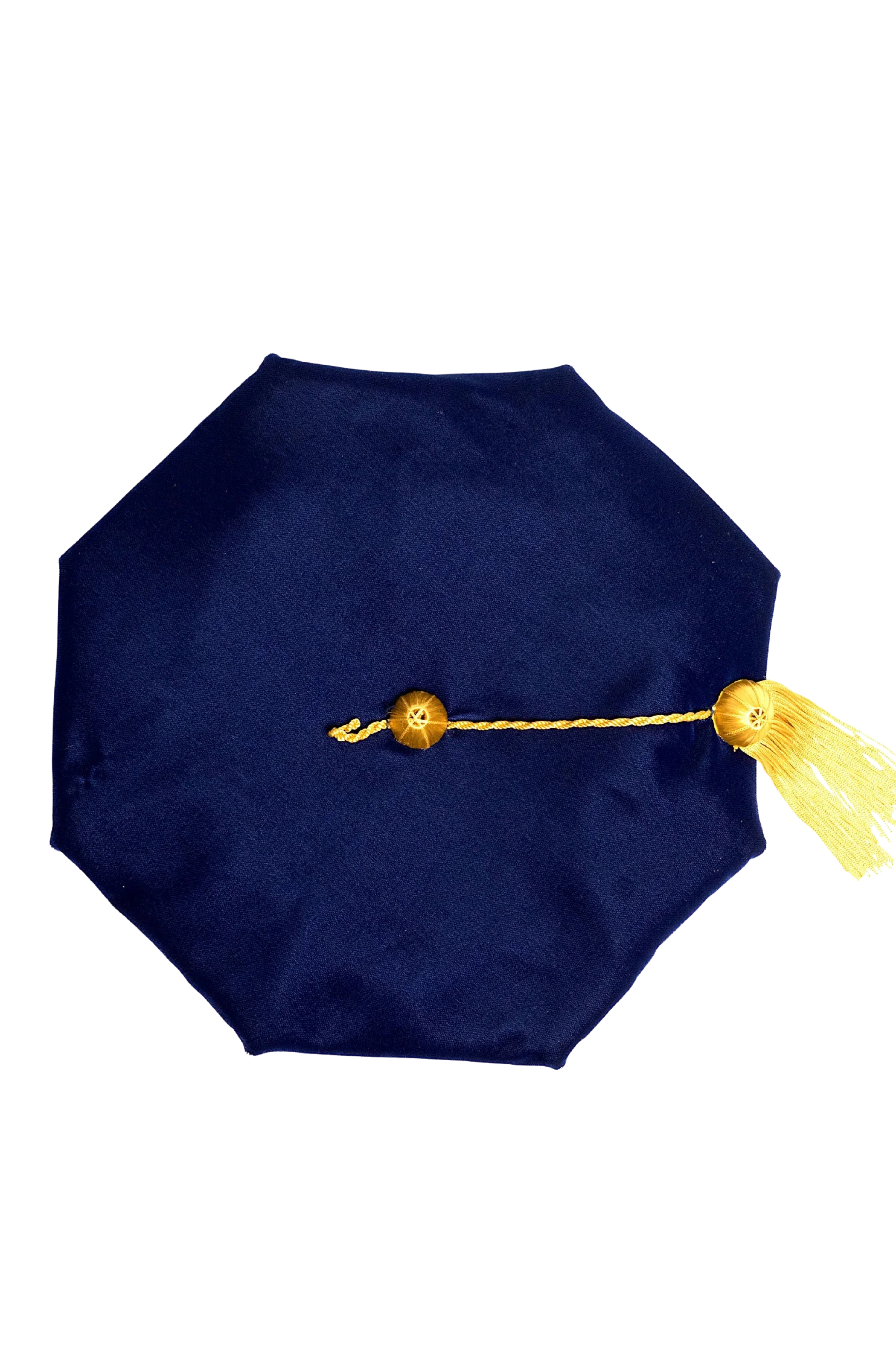 UCLA blue eight-sided doctoral tam with gold bullion tassel, crafted in plush velvet for distinguished academic tradition.