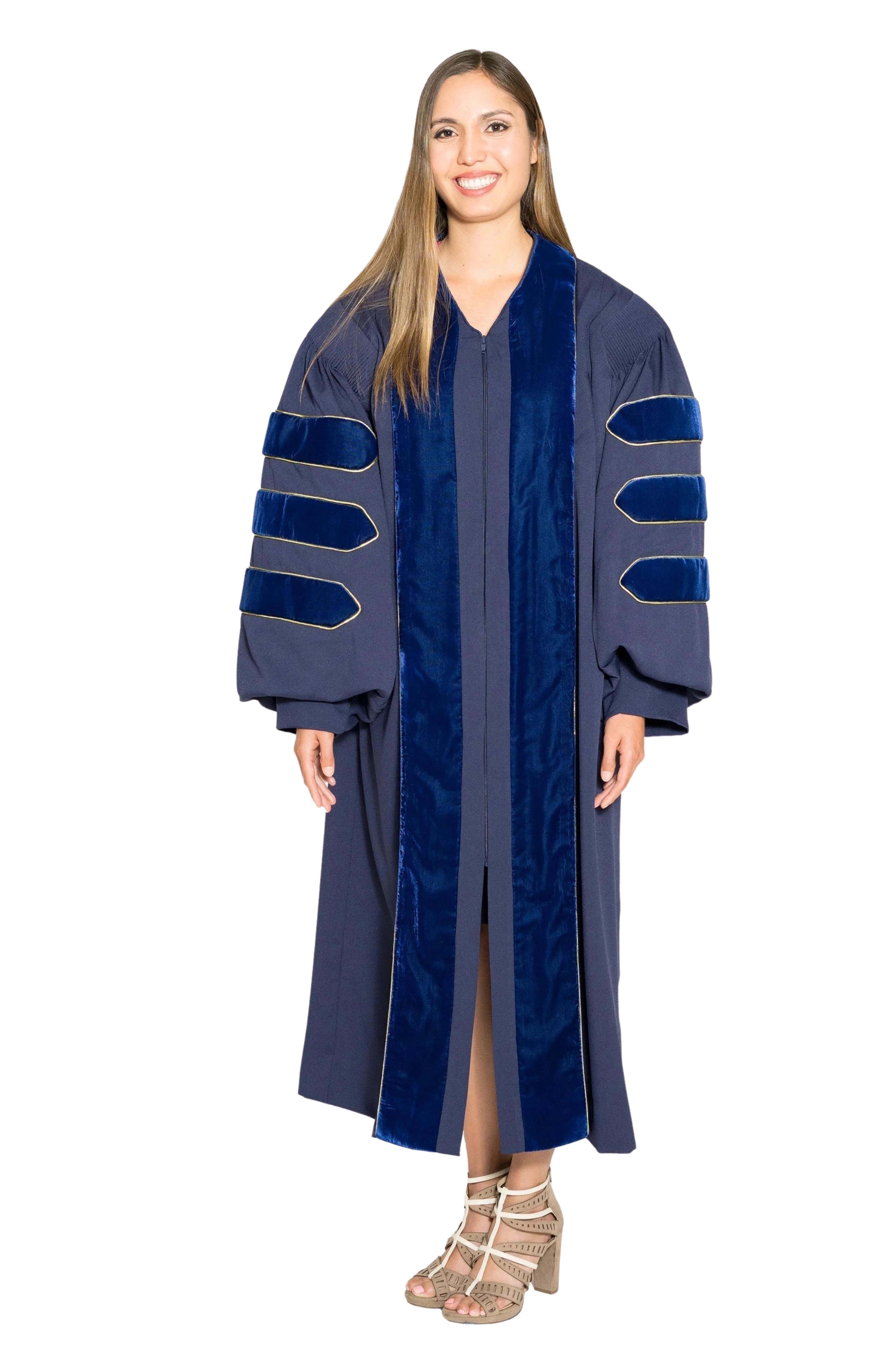 UCLA doctoral gown in official navy blue, featuring plush velvet panels, three velvet chevrons on bell sleeves, and premium tailored fabric designed to meet Intercollegiate Bureau of Academic Costume standards.