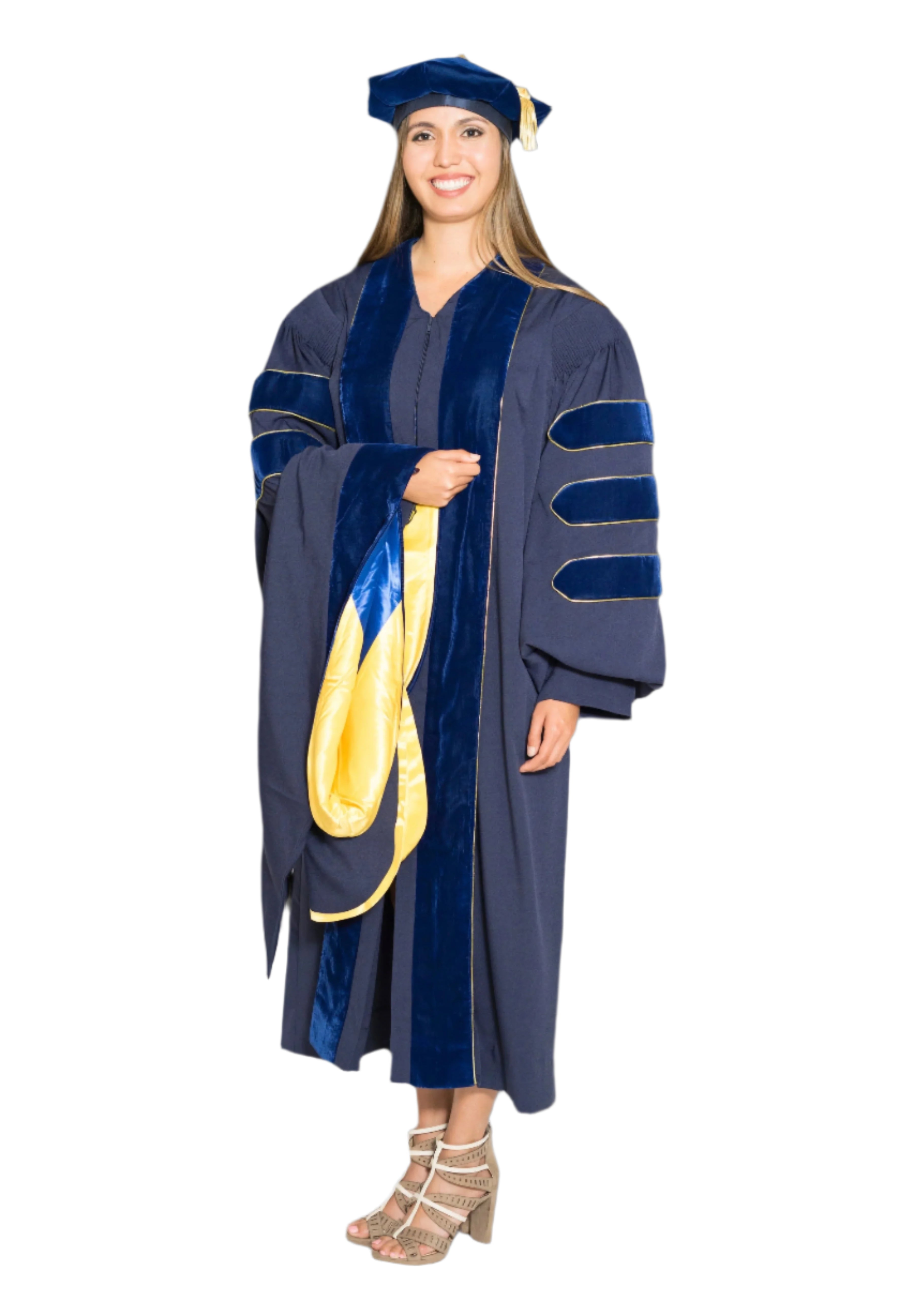 UC Berkeley Complete Doctoral Regalia - Doctoral Gown, PhD & M.D. Hood, and 8-sided Cap (Tam) with Tassel