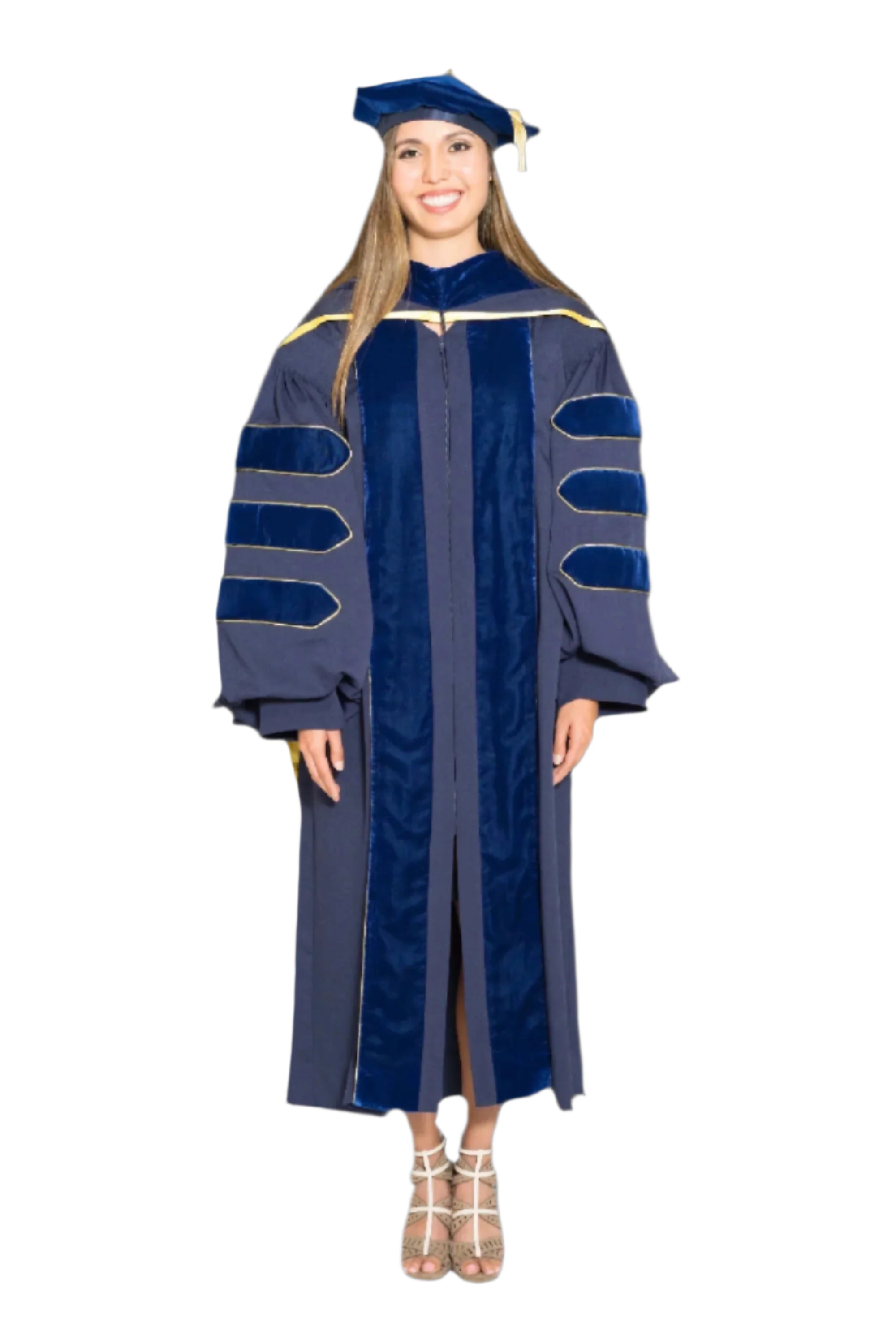 UC Berkeley Complete Doctoral Regalia - Doctoral Gown, PhD & M.D. Hood, and 8-sided Cap (Tam) with Tassel