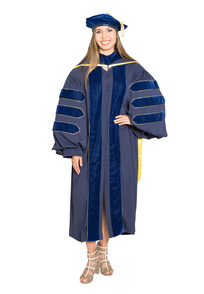 UC Davis Complete Doctoral Regalia - Doctoral Gown, PhD & M.D. Hood, and 8-sided Cap (Tam) with Tassel