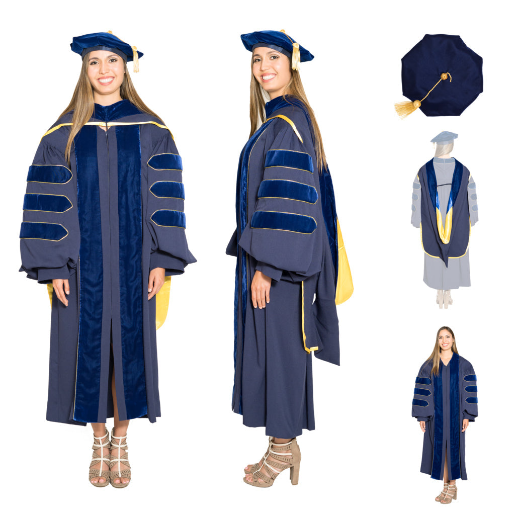 UC Merced Complete Doctoral Regalia Set - Doctoral Gown, PhD & M.D. Hood, and 8-sided Cap (Tam) with Tassel