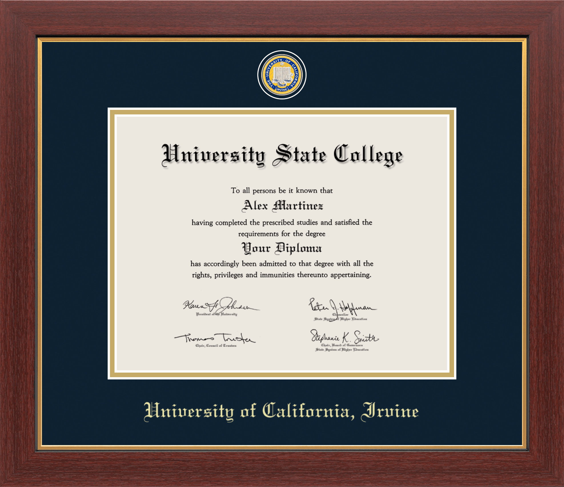CAPGOWN | UC Irvine Medallion Diploma Frame for Doctoral Graduates. Designed and made in USA.