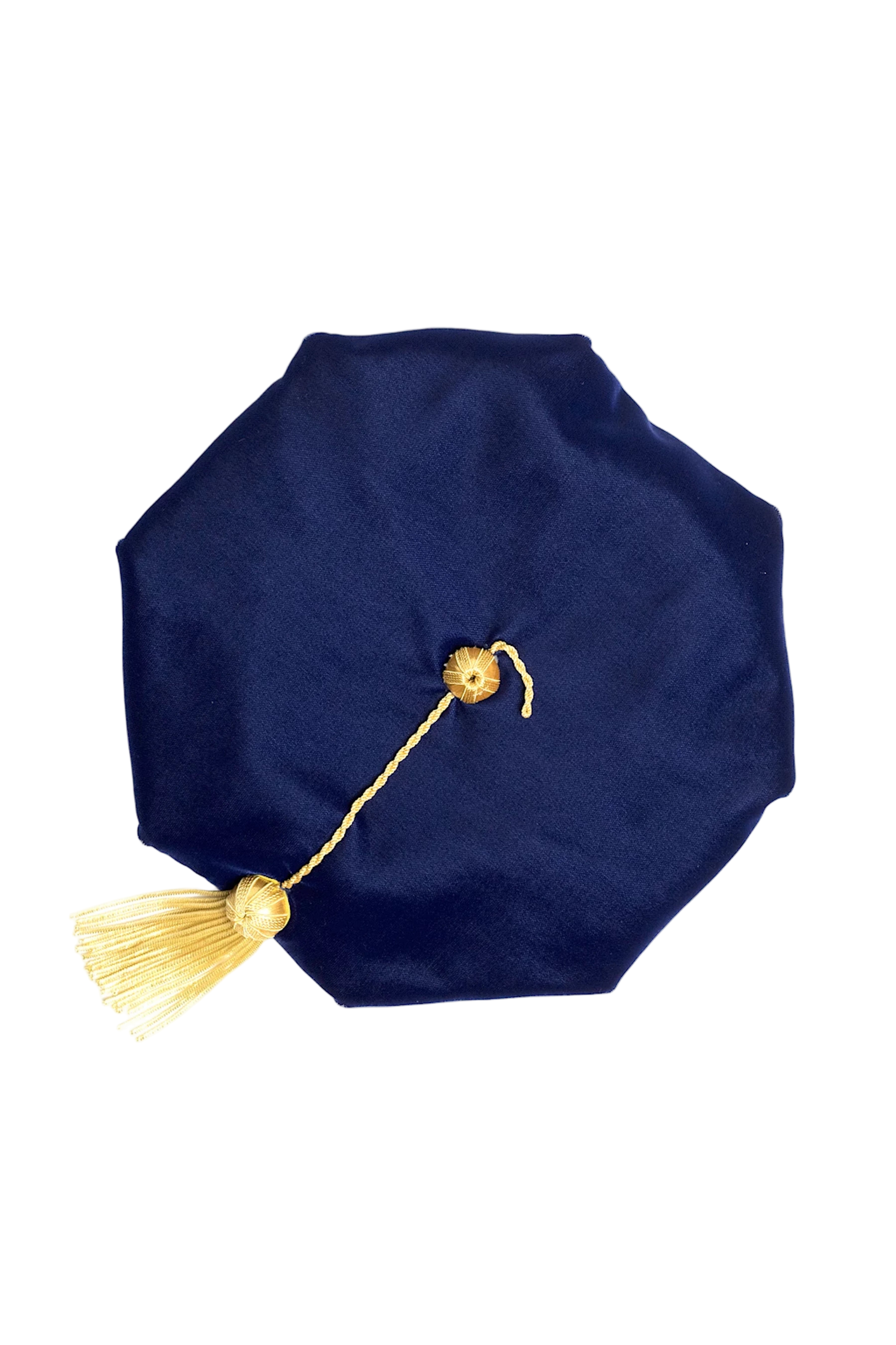 UC Riverside blue eight-sided doctoral tam with gold bullion tassel, crafted in plush velvet for distinguished academic tradition.