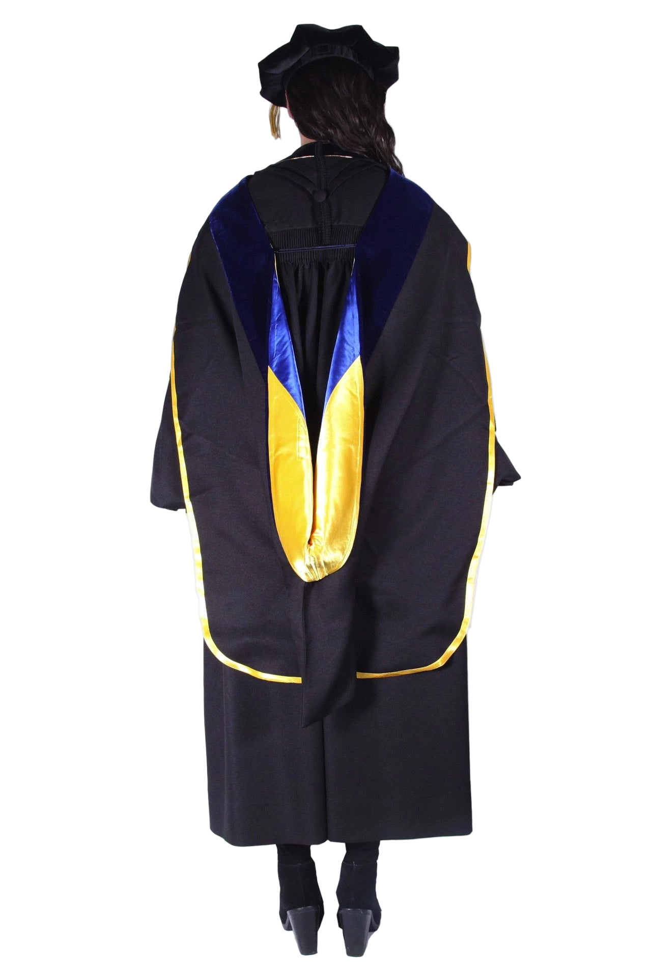 UC San Diego doctoral hood with yellow and blue satin lining, blue velvet trim for PhD discipline, and premium tailored construction meeting Intercollegiate Bureau of Academic Costume standards.