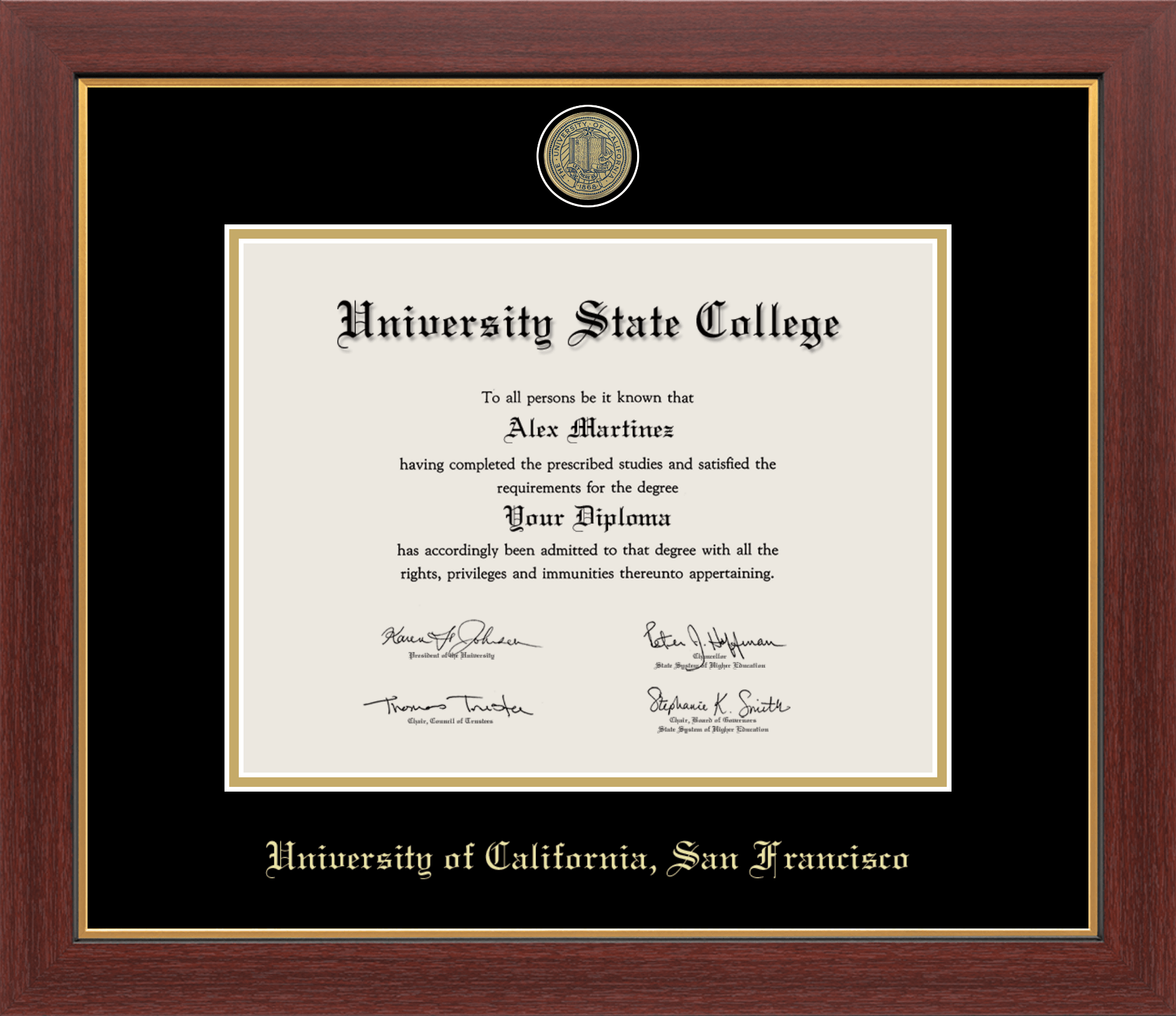 CAPGOWN | UC San Francisco Medallion Diploma Frame for Doctoral Graduates. Designed and made in USA.