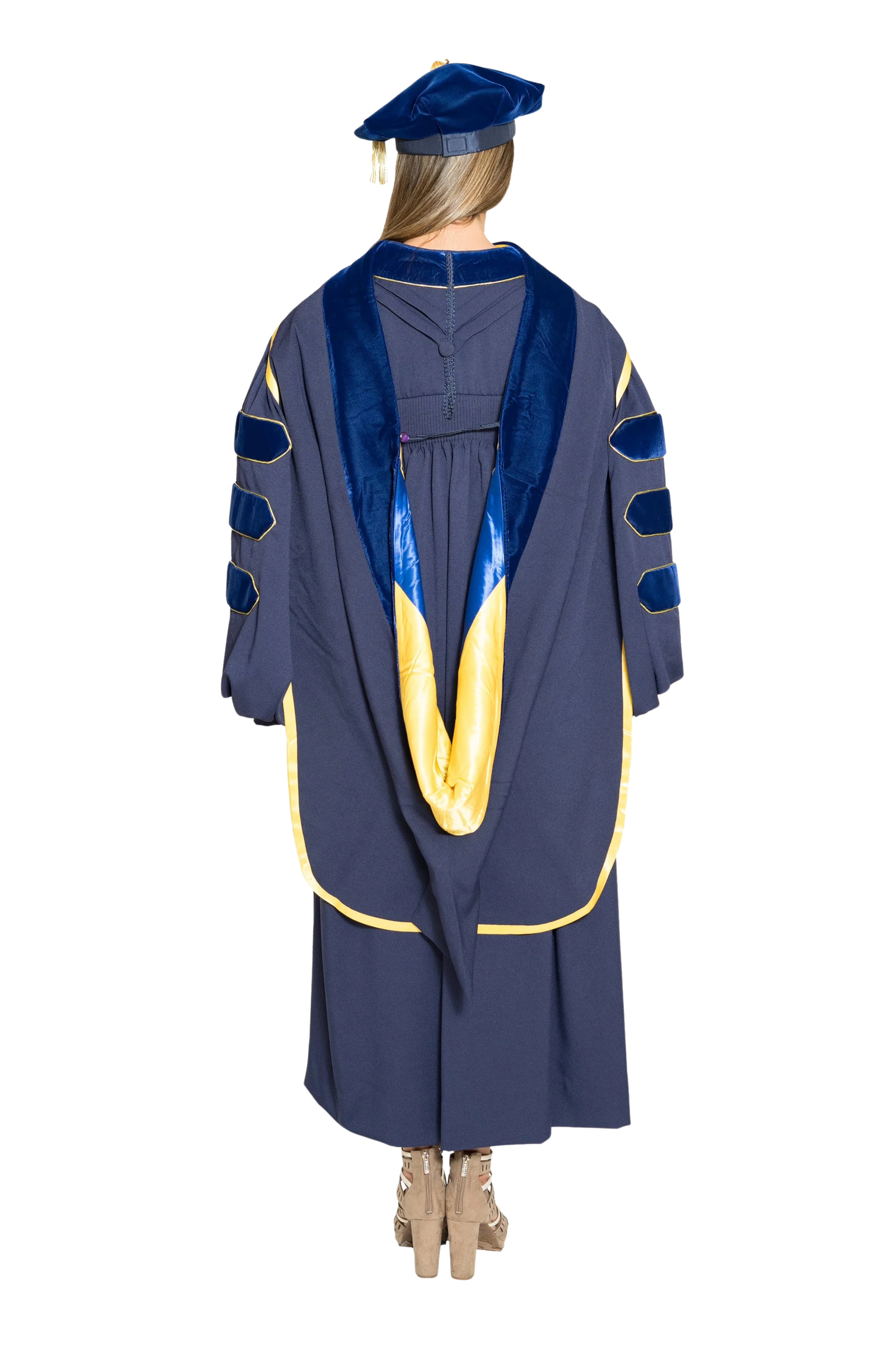 UC Santa Barbara doctoral hood with yellow and blue satin lining, blue velvet trim for PhD discipline, and premium tailored construction meeting Intercollegiate Bureau of Academic Costume standards.
