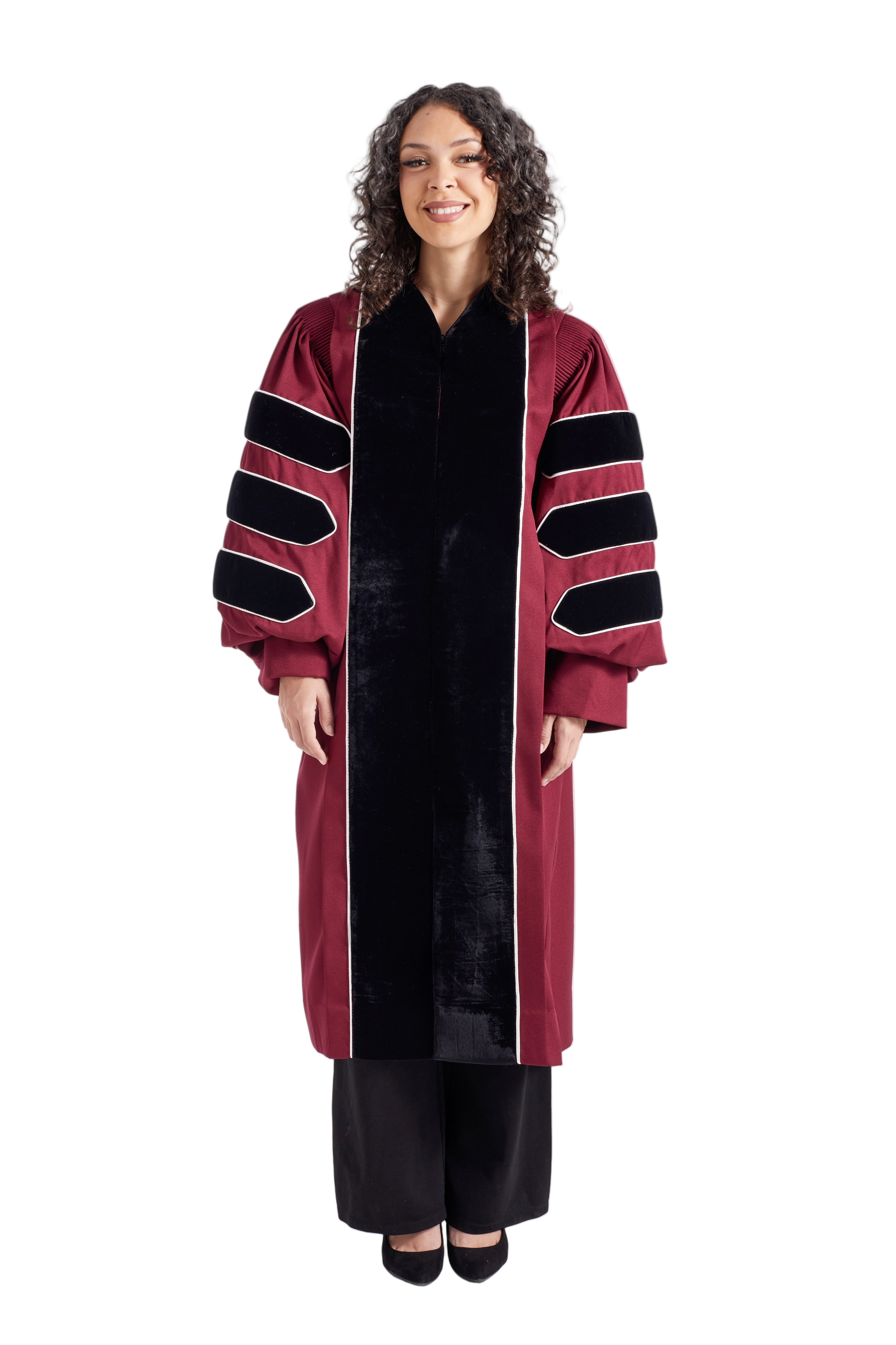 University of Missouri doctoral gown in official black and maroon, featuring plush velvet panels, three velvet chevrons on bell sleeves, and premium tailored fabric designed to meet Intercollegiate Bureau of Academic Costume standards.