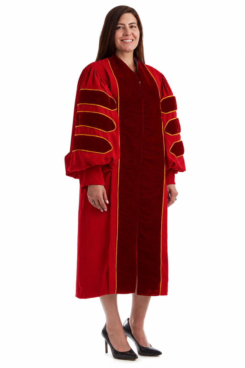 USC custom cardinal doctoral gown with velvet accents and torch lapel embroidery