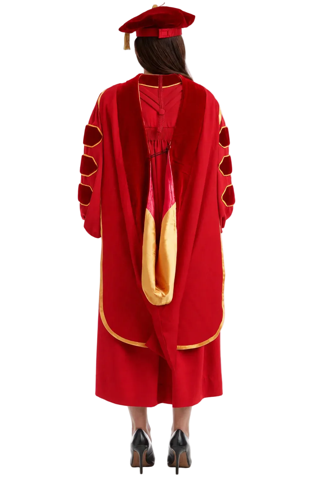 USC Ph.D. doctoral hood with dark blue velvet trim, gold satin lining, and cardinal chevron