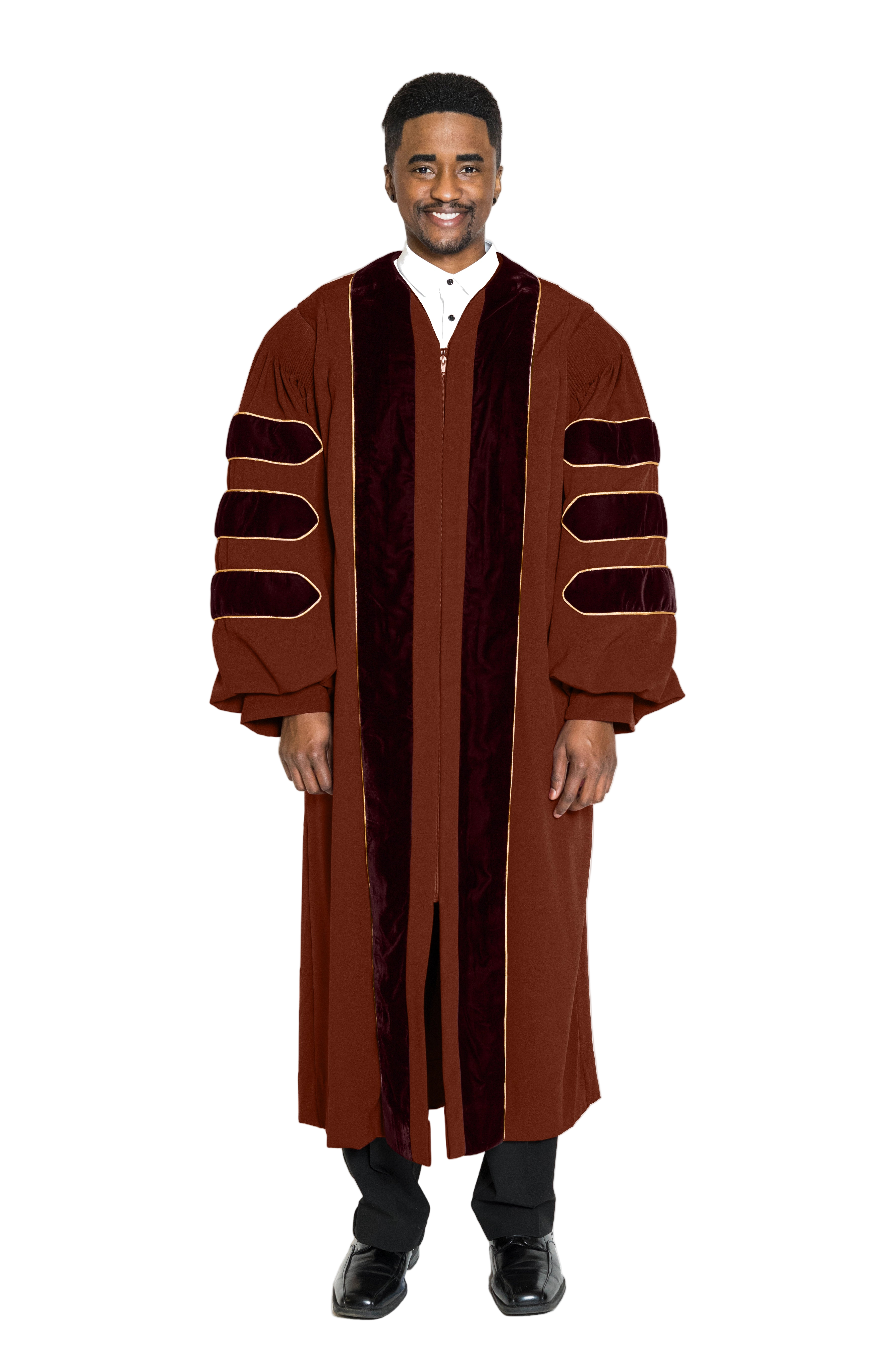 UT Austin doctoral gown in official brown, featuring plush velvet panels, three velvet chevrons on bell sleeves, and premium tailored fabric designed to meet Intercollegiate Bureau of Academic Costume standards.