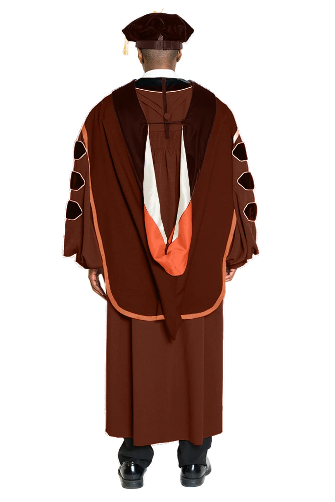 UT Austin doctoral hood with copper and white satin lining, brown velvet trim for PhD discipline, and premium tailored construction meeting Intercollegiate Bureau of Academic Costume standards.