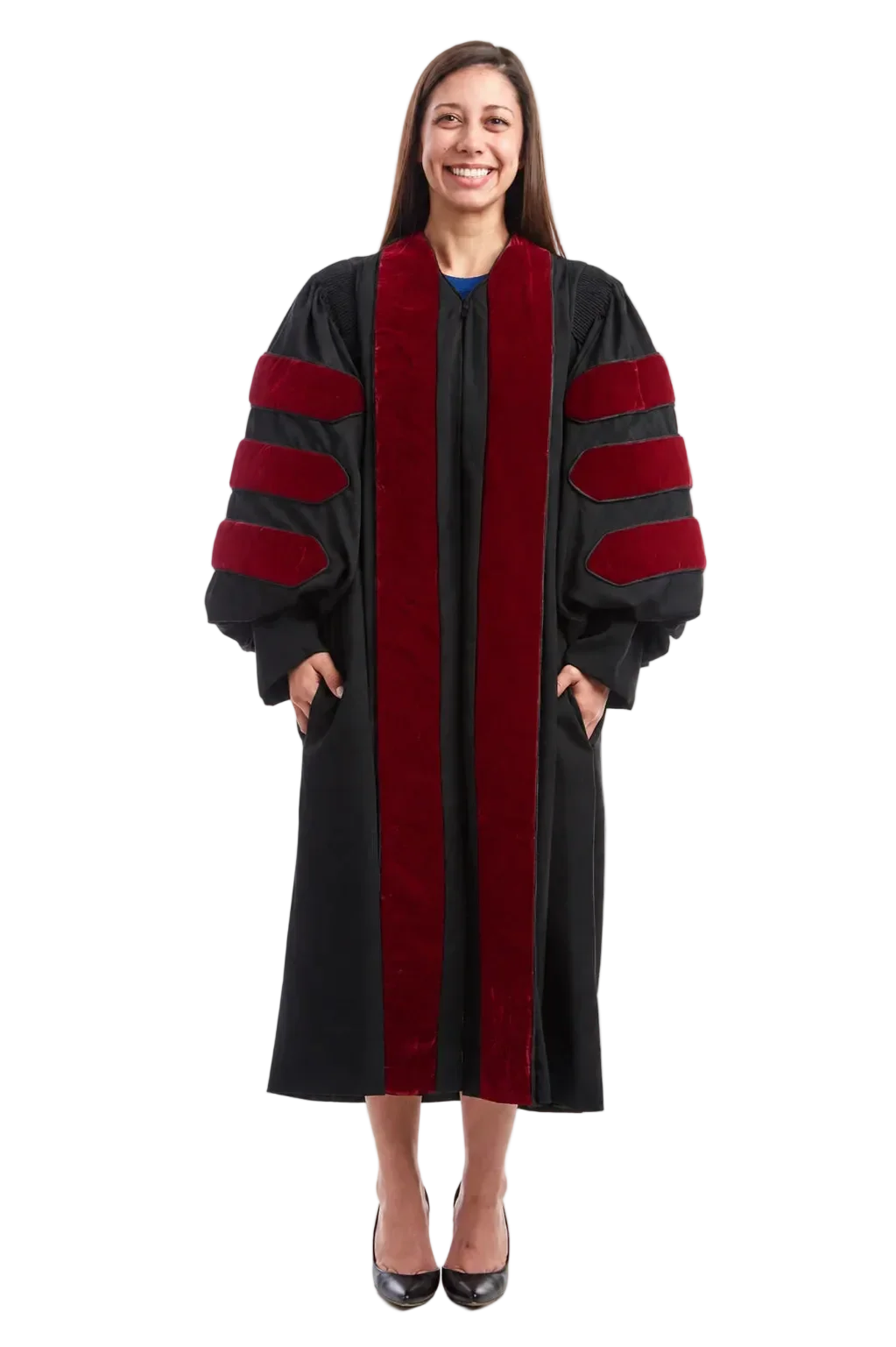 University of New Mexico black doctoral gown with red velvet panels and sleeve chevrons