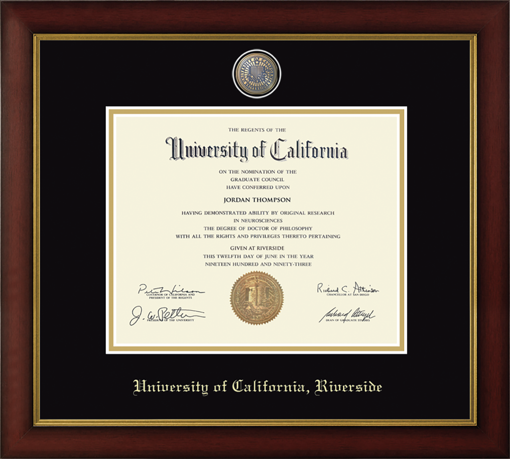 CAPGOWN | UC Riverside Medallion Diploma Frame for Doctoral Graduates. Designed and made in USA.