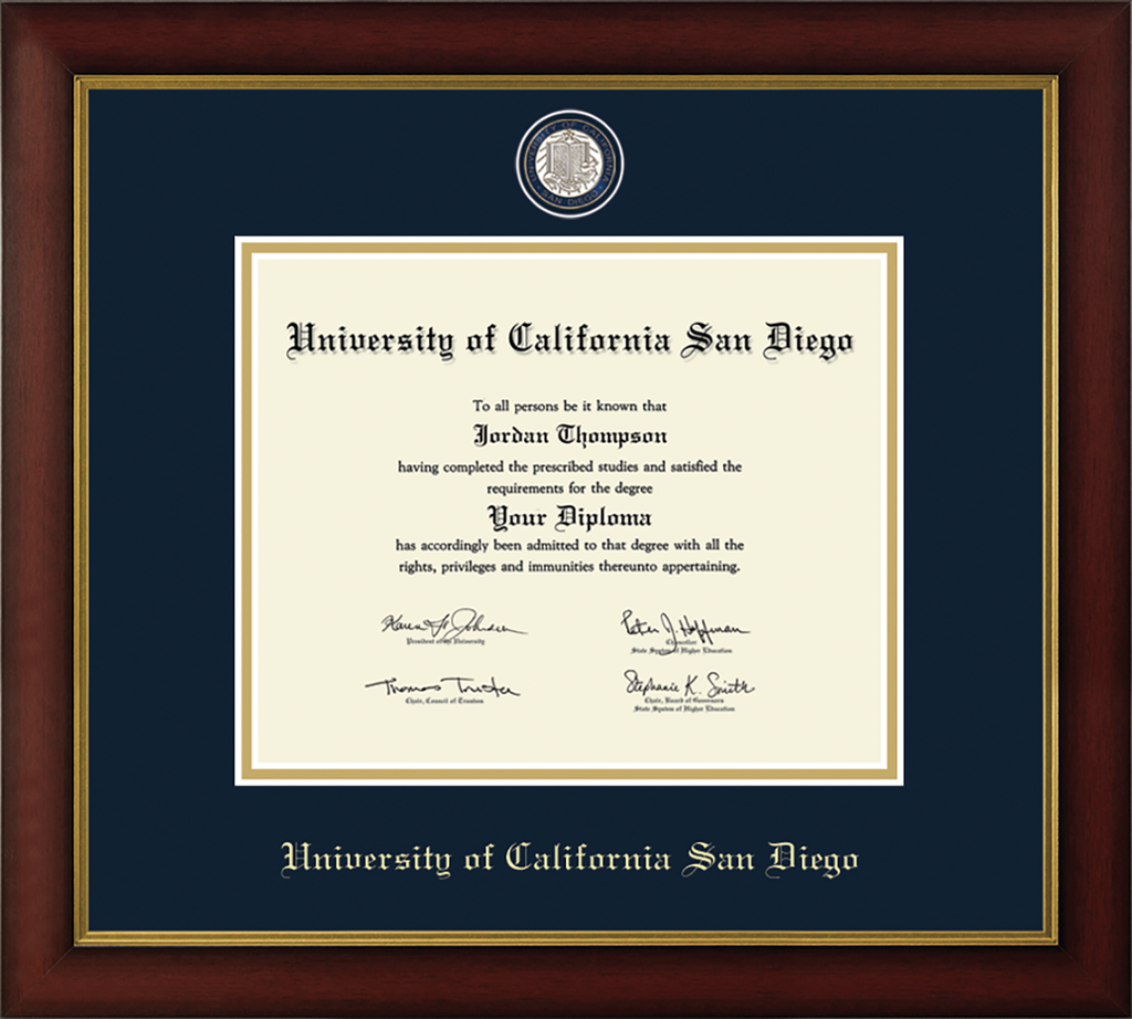 CAPGOWN | UC San Diego Medallion Diploma Frame for Doctoral Graduates. Designed and made in USA.