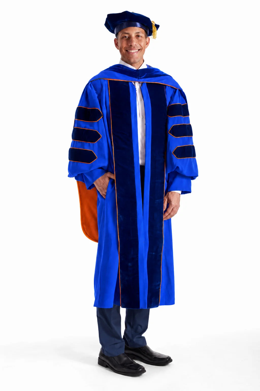 Complete University of Florida doctoral regalia with blue gown, hood, and tam