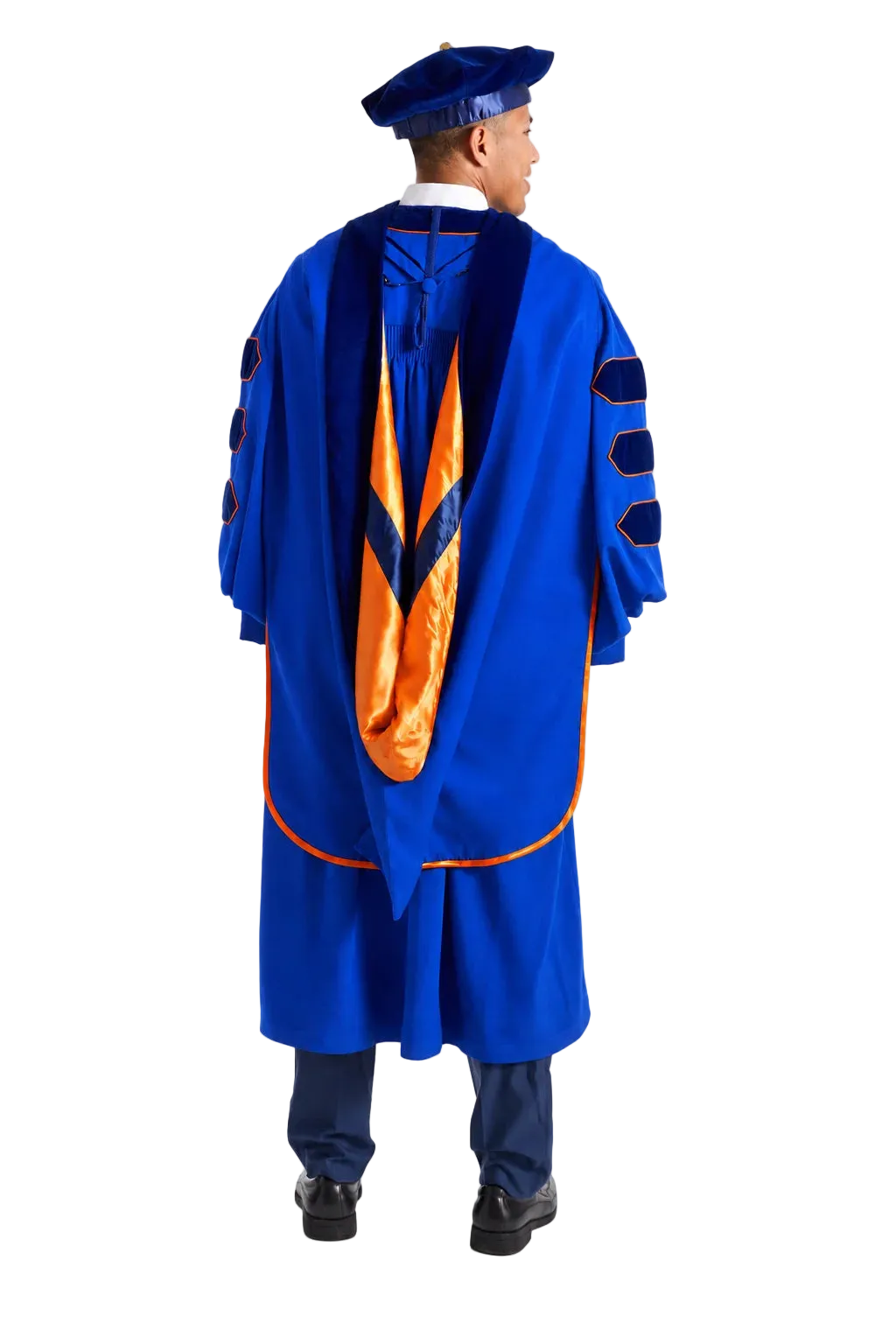 University of Florida Ph.D. doctoral hood with royal blue velvet trim, orange satin lining, and blue chevron