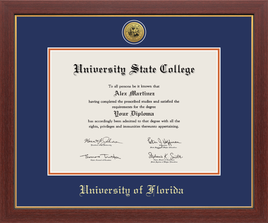 CAPGOWN | University of Florida Medallion Diploma Frame for Bachelor's, Master's, and doctoral graduates. Designed and made in USA.