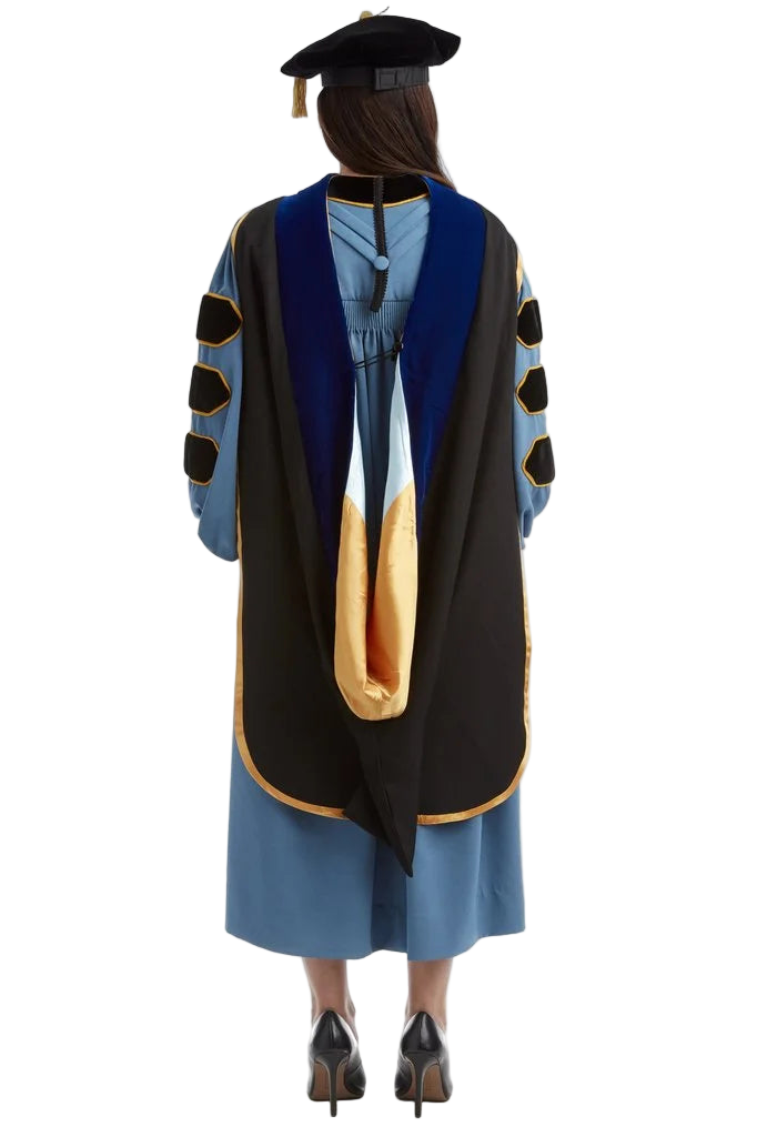 University of Michigan doctoral hood with light blue and yellow satin lining, blue velvet trim for PhD discipline, and premium tailored construction meeting Intercollegiate Bureau of Academic Costume standards.