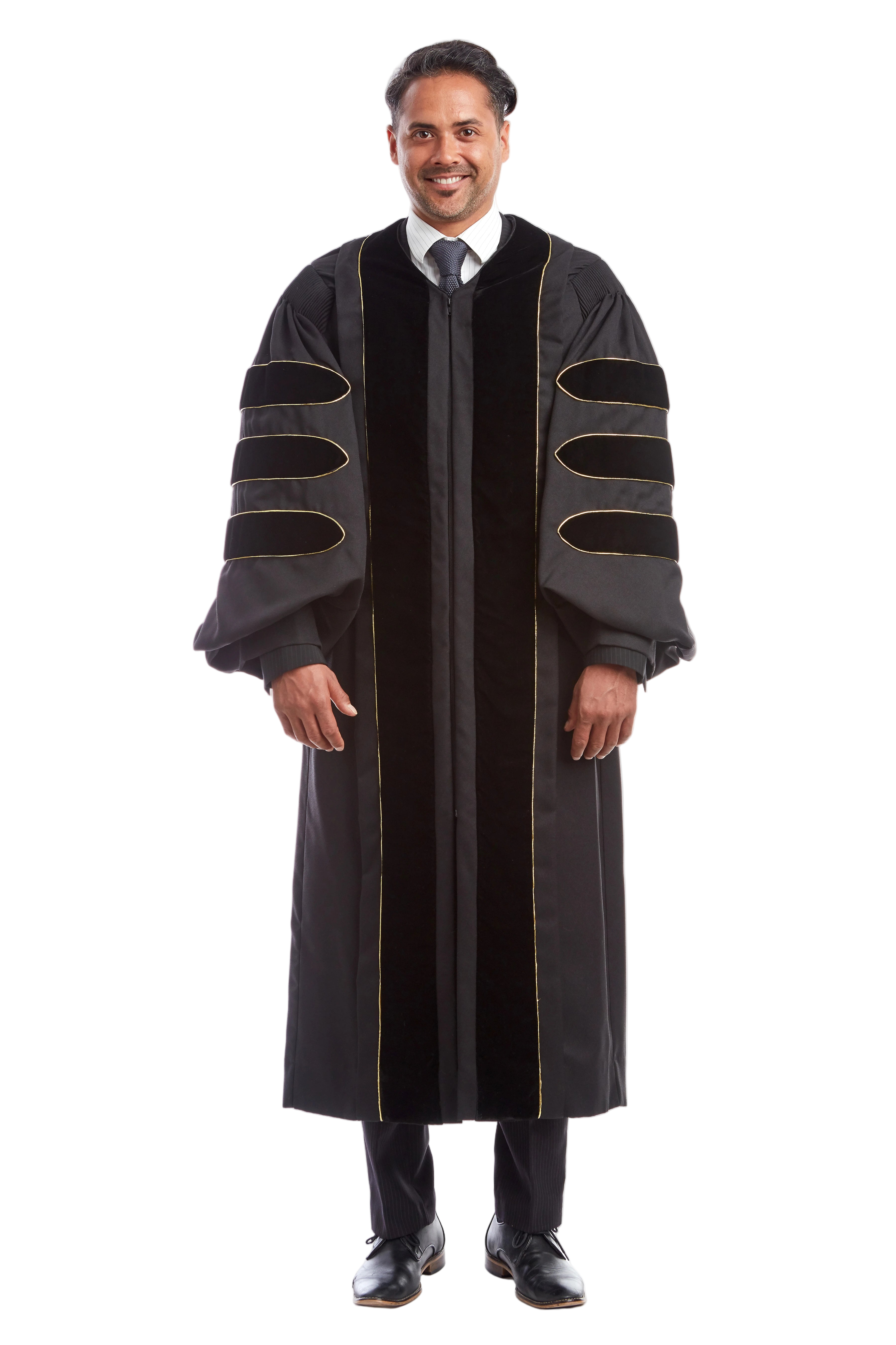 University of Missouri doctoral gown in official black, featuring plush velvet panels, three velvet chevrons on bell sleeves, and premium tailored fabric designed to meet Intercollegiate Bureau of Academic Costume standards.