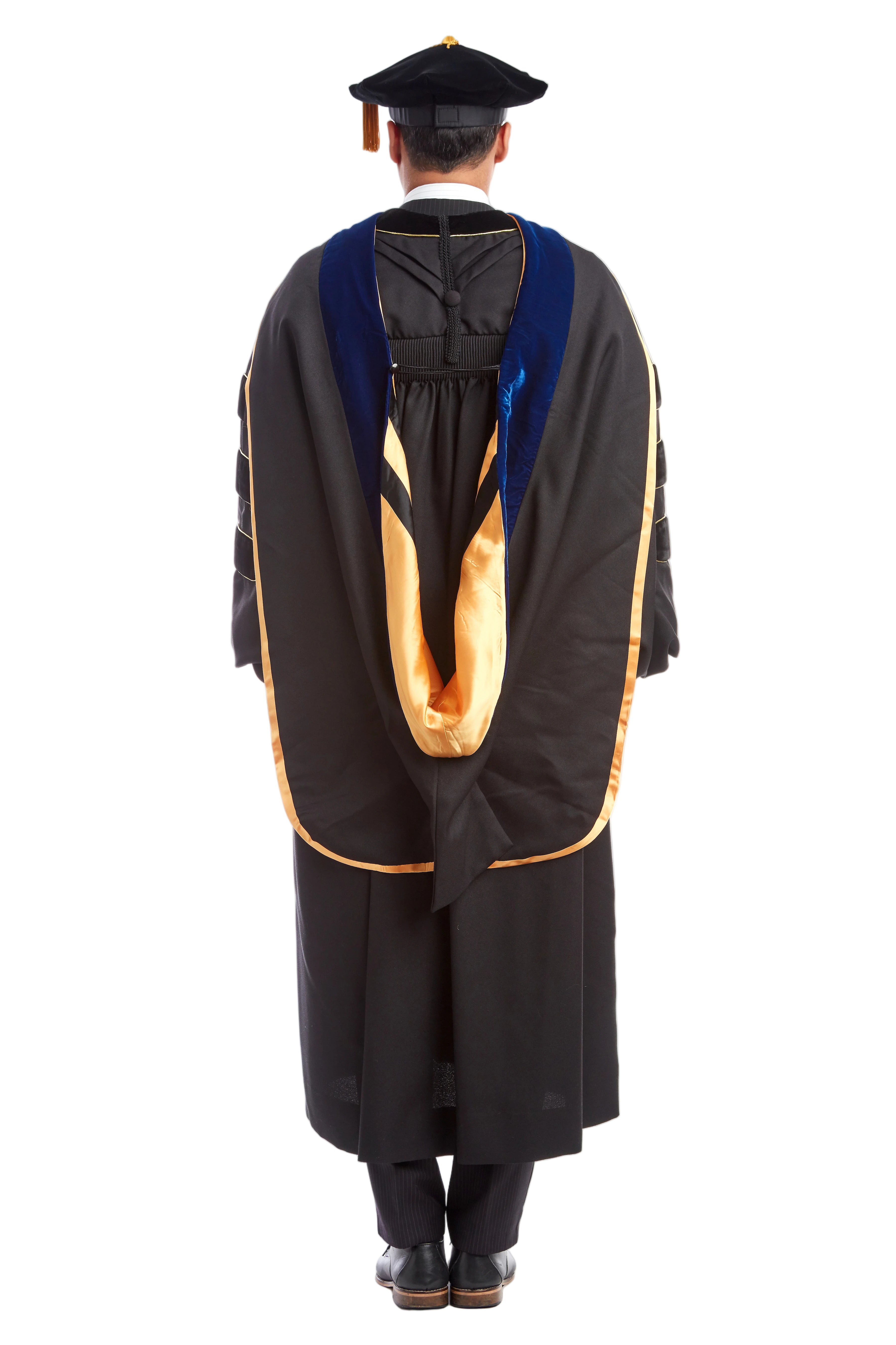 University of Missouri doctoral hood with yellow and black satin lining, blue velvet trim for PhD discipline, and premium tailored construction meeting Intercollegiate Bureau of Academic Costume standards.