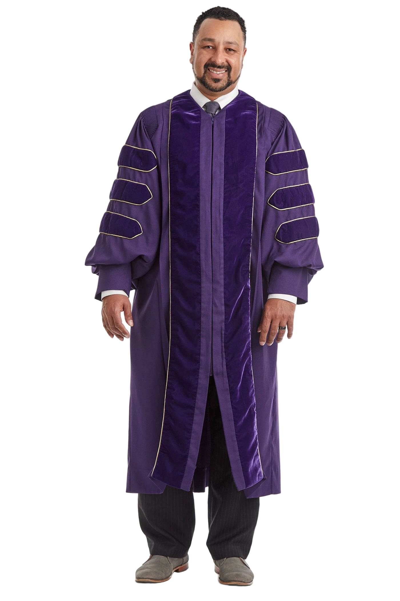 University of Washington doctoral gown in official purple, featuring plush velvet panels, three velvet chevrons on bell sleeves, and premium tailored fabric designed to meet Intercollegiate Bureau of Academic Costume standards.