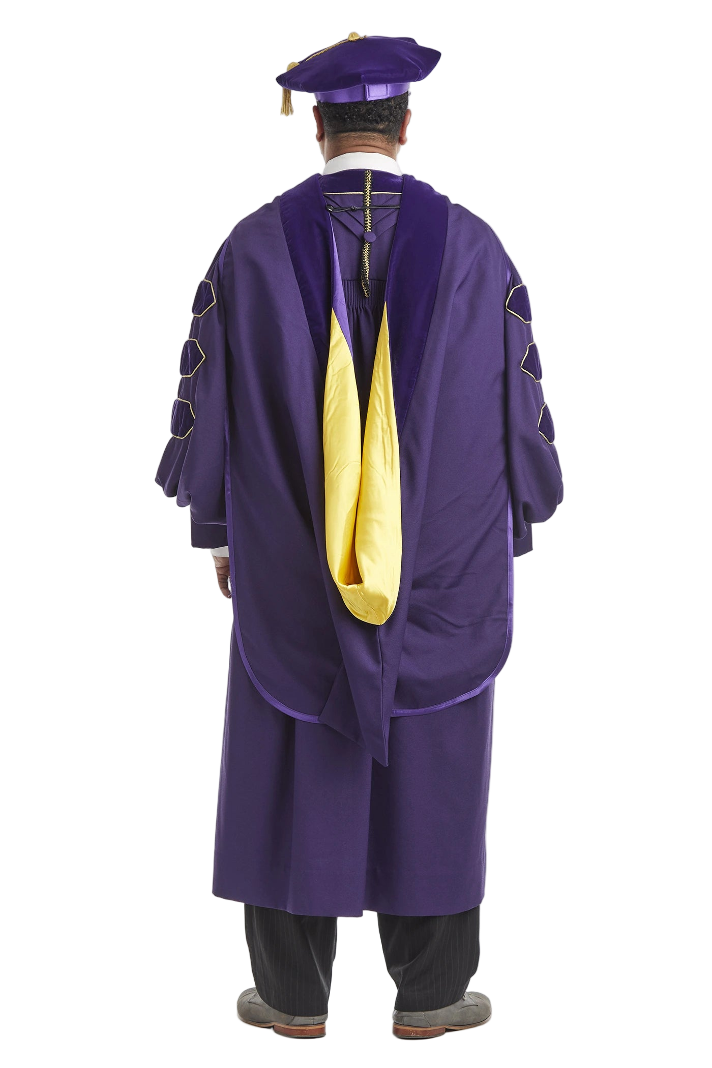 University of Washington doctoral hood with yellow and purple satin lining, purple velvet trim for PhD discipline, and premium tailored construction meeting Intercollegiate Bureau of Academic Costume standards.