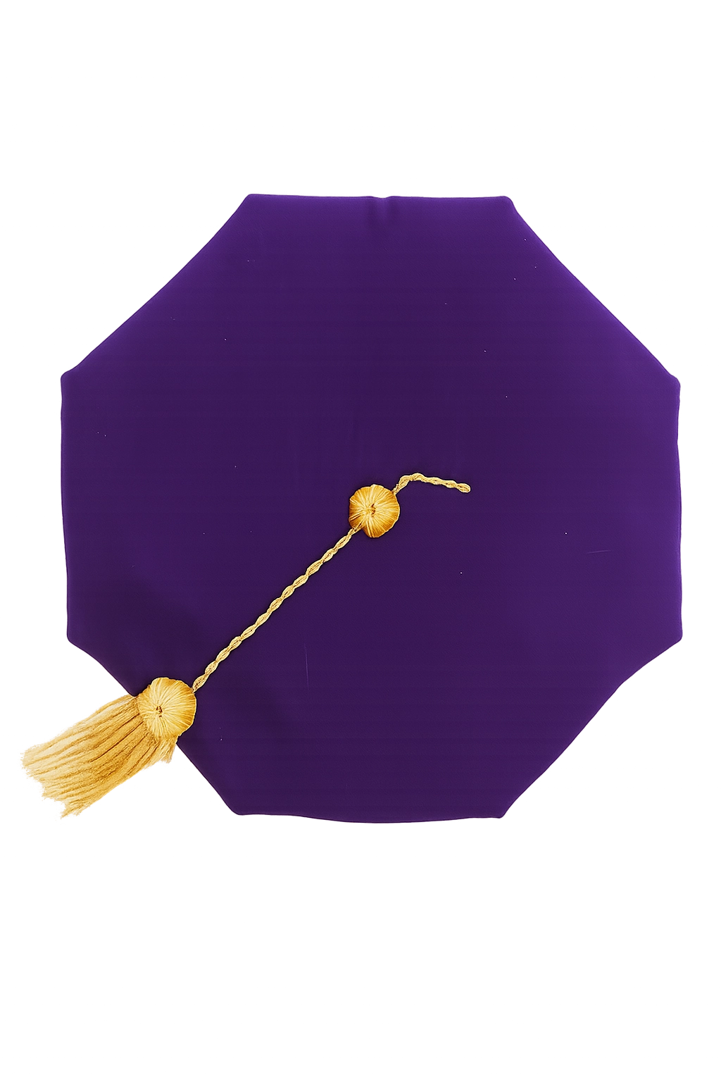 University of Washington purple eight-sided doctoral tam with gold bullion tassel, crafted in plush velvet for distinguished academic tradition.