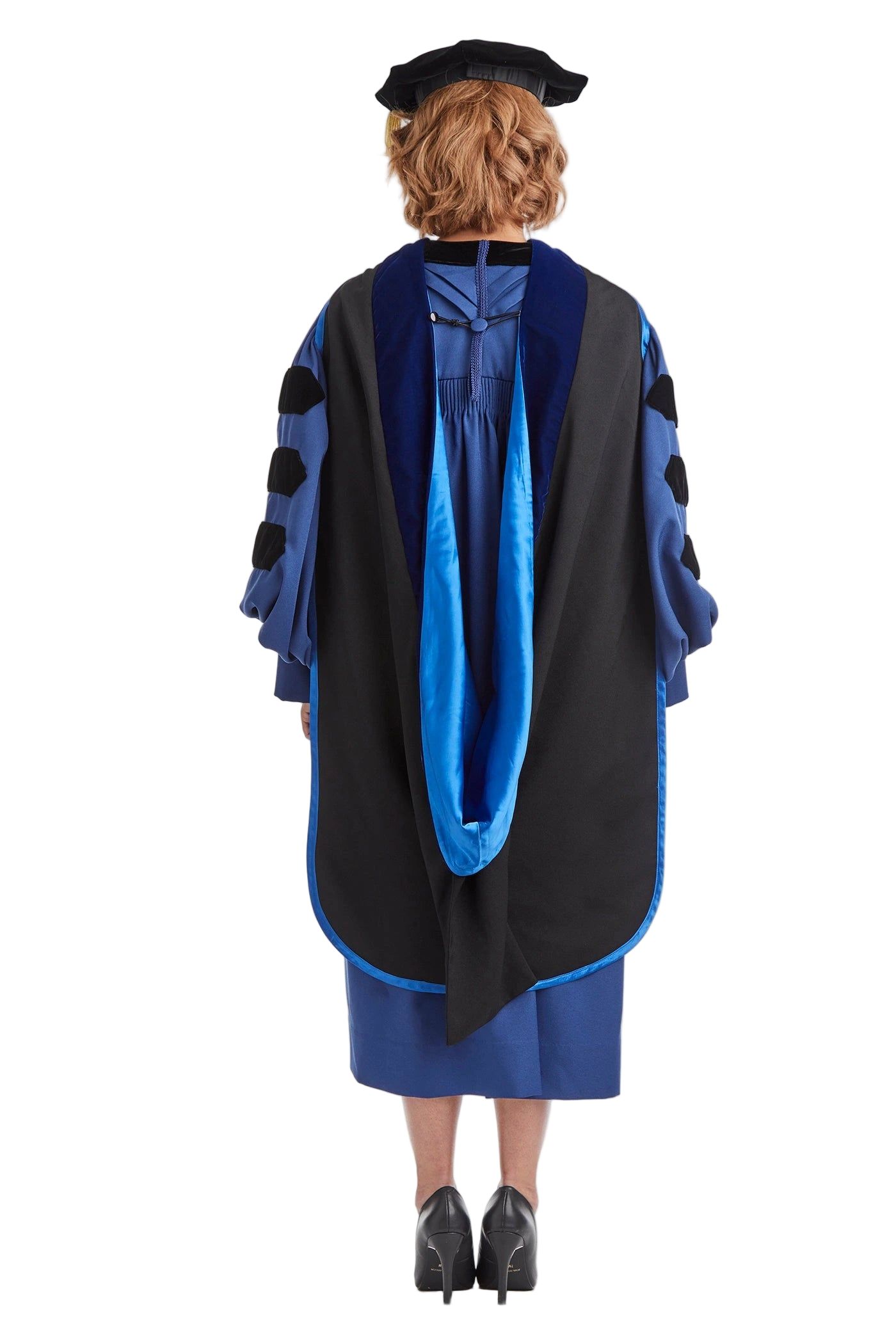 Yale University doctoral hood with blue satin lining, blue velvet trim for PhD discipline, and premium tailored construction meeting Intercollegiate Bureau of Academic Costume standards.