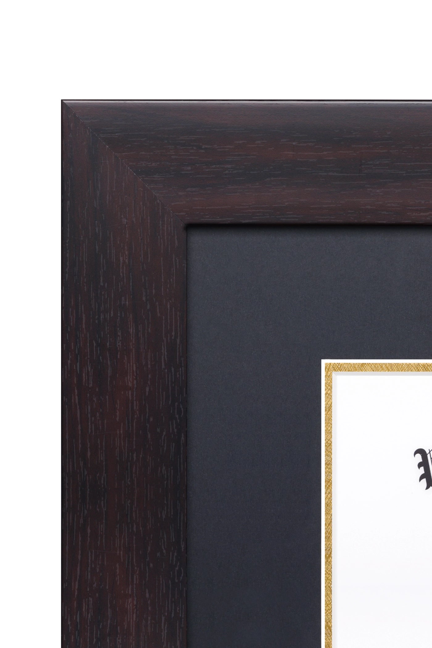 This close up of The Modern Doctoral Diploma Frame in Havana Walnut, provides view of the rich dark brown moulding.