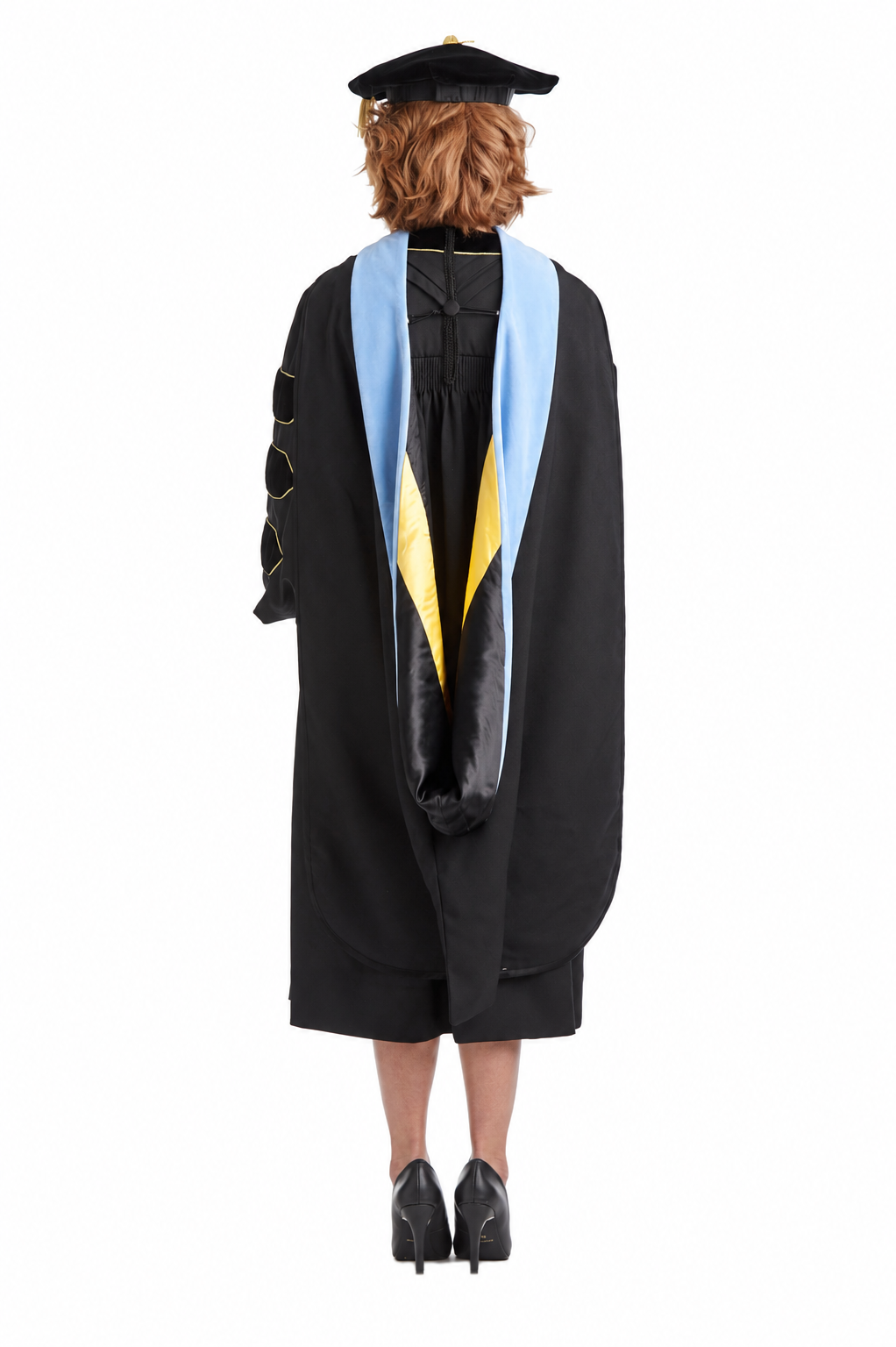 Cal State LA doctoral hood with light blue velvet trim, gold satin lining, and black chevrons