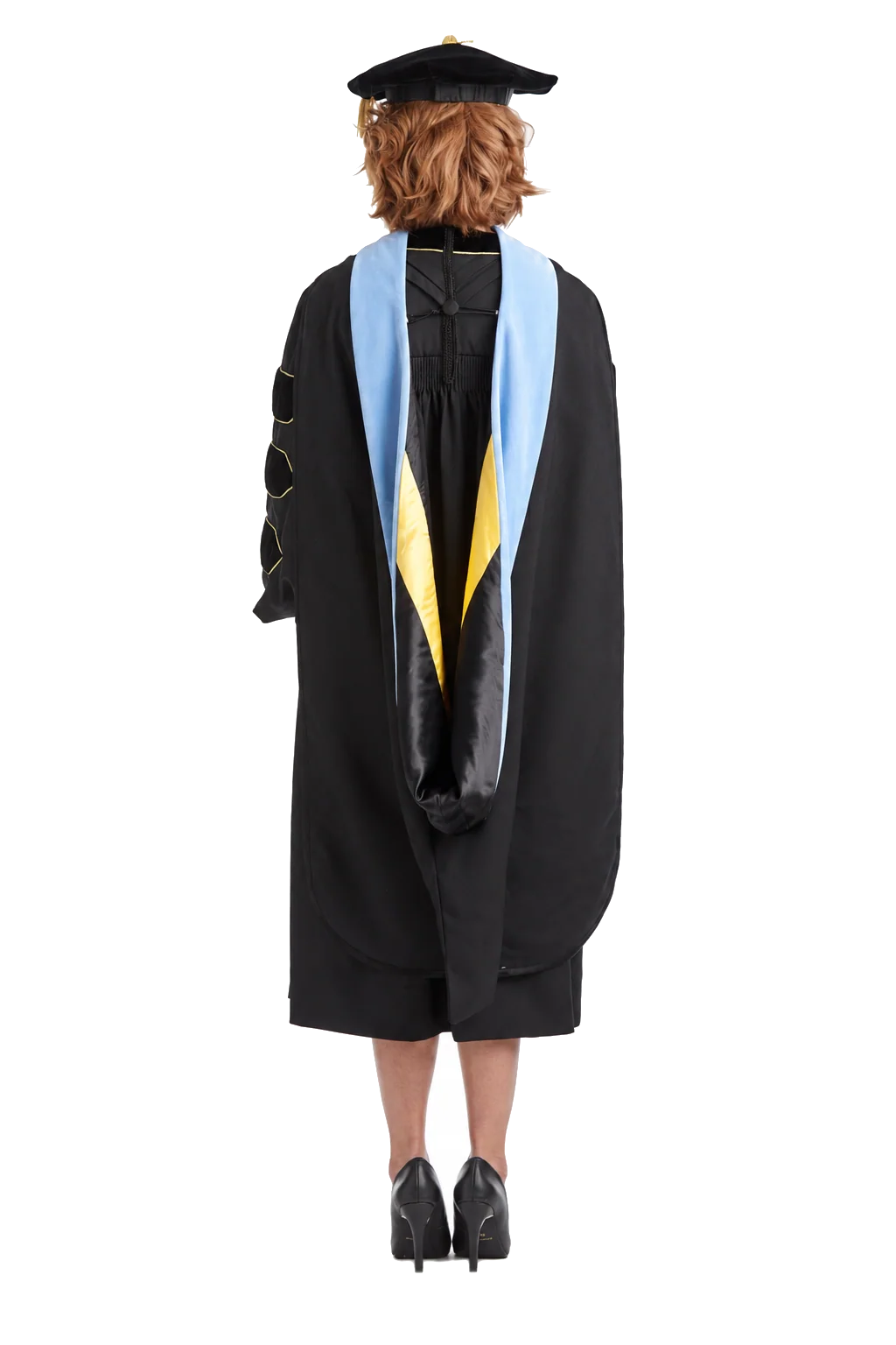 Cal State LA doctoral regalia set with doctoral gown, light blue hood, and eight-sided black velvet tam