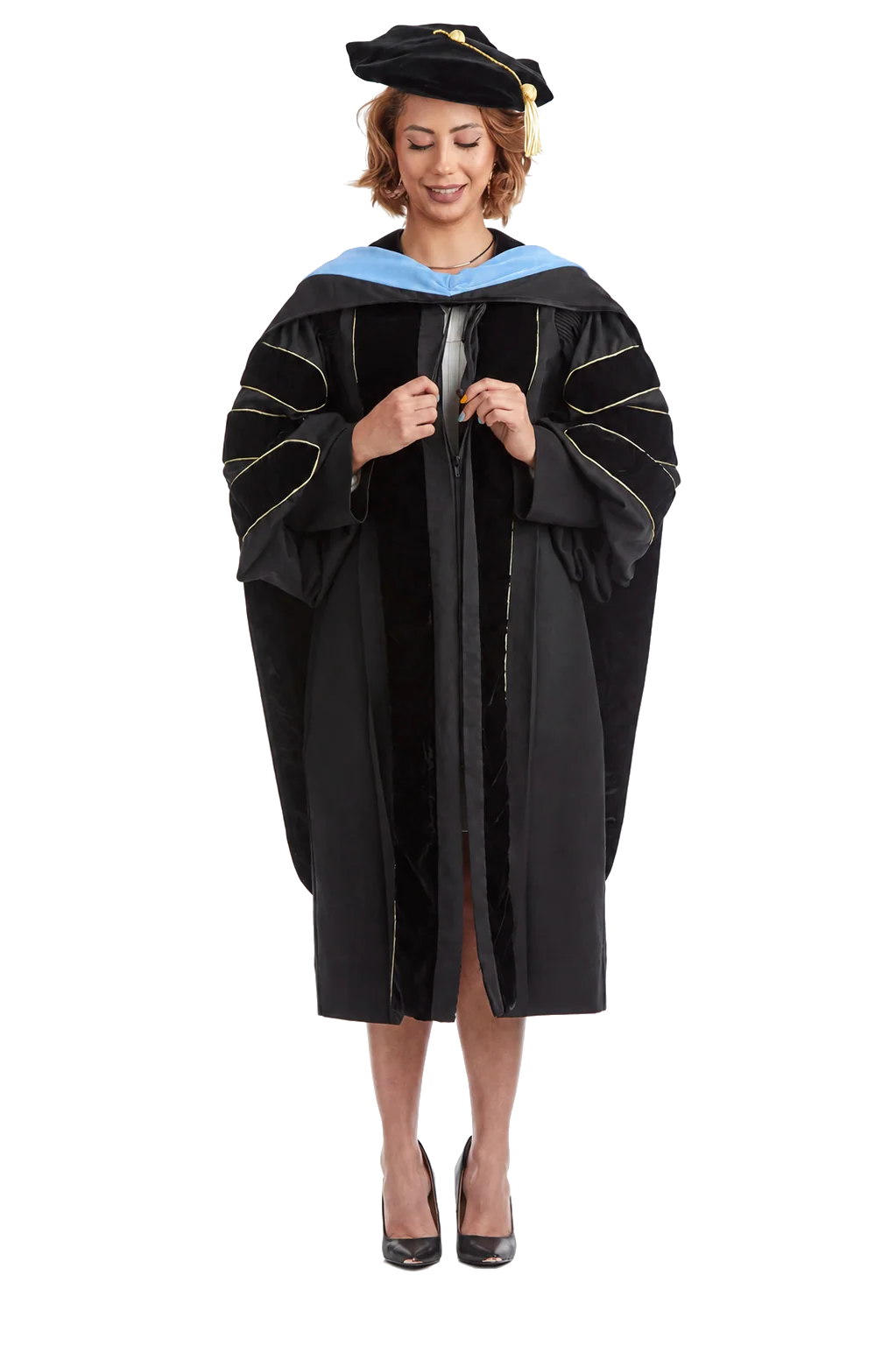 Cal State LA doctoral regalia set with doctoral gown, light blue hood, and eight-sided black velvet tam