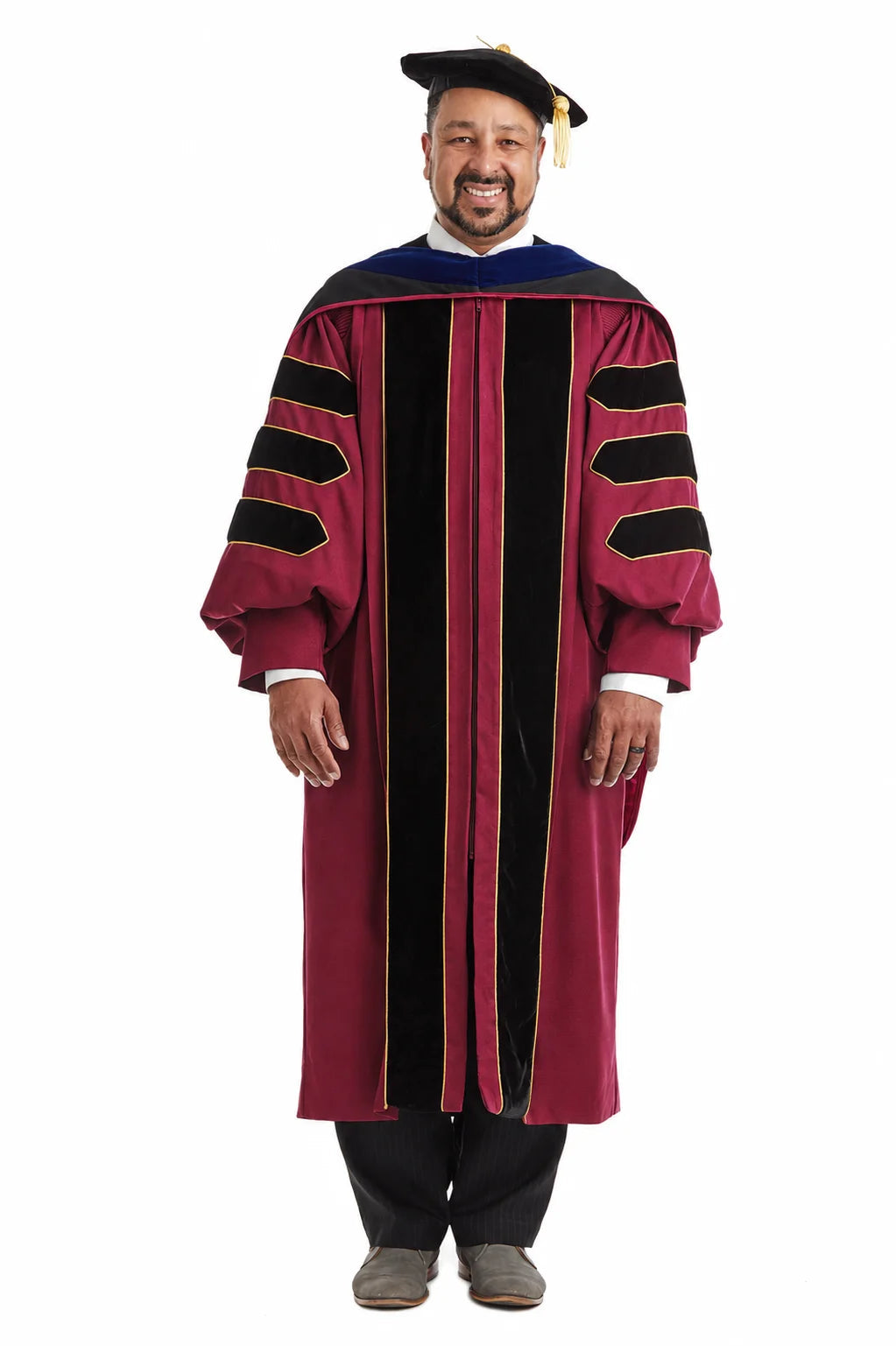 Texas State University complete doctoral regalia set with gown, hood, and tam