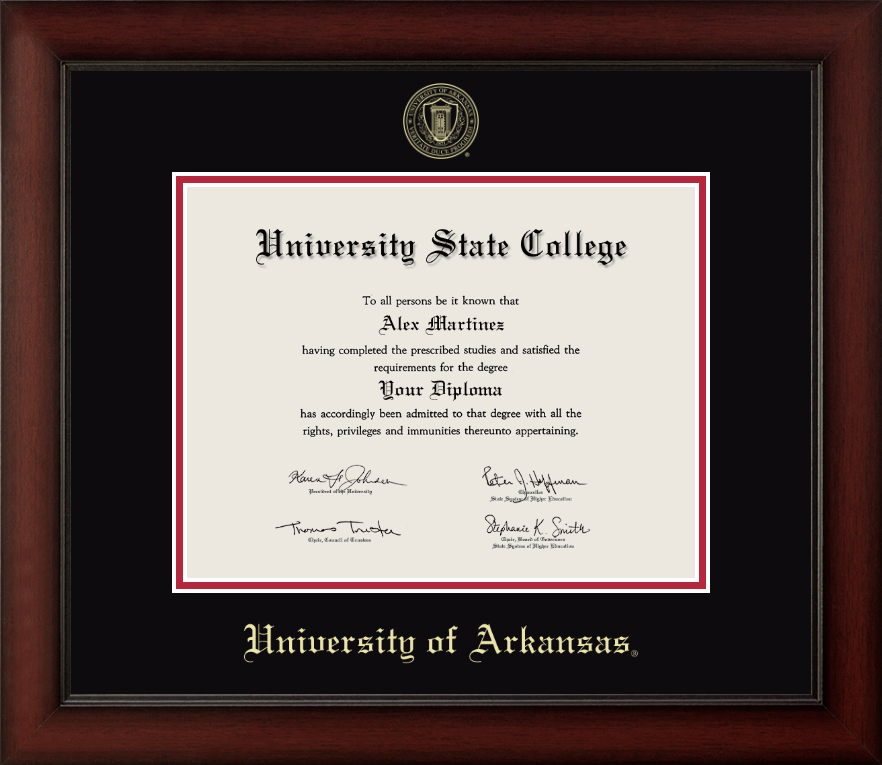 University of Arkansas cherry wood diploma frame with black and red matting
