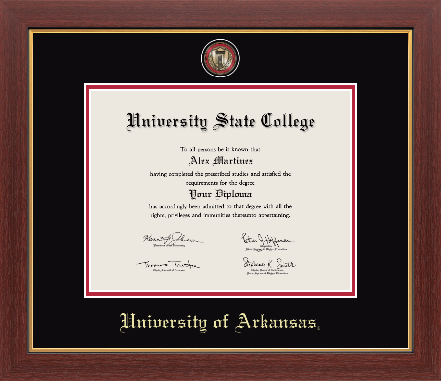 University of Arkansas medallion diploma frame with black and red matting