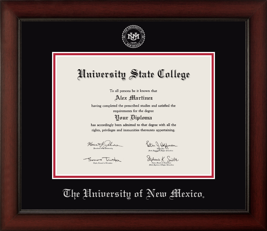 University of New Mexico Cherry Wood diploma frame with black and red matting and silver embossed school mark and name