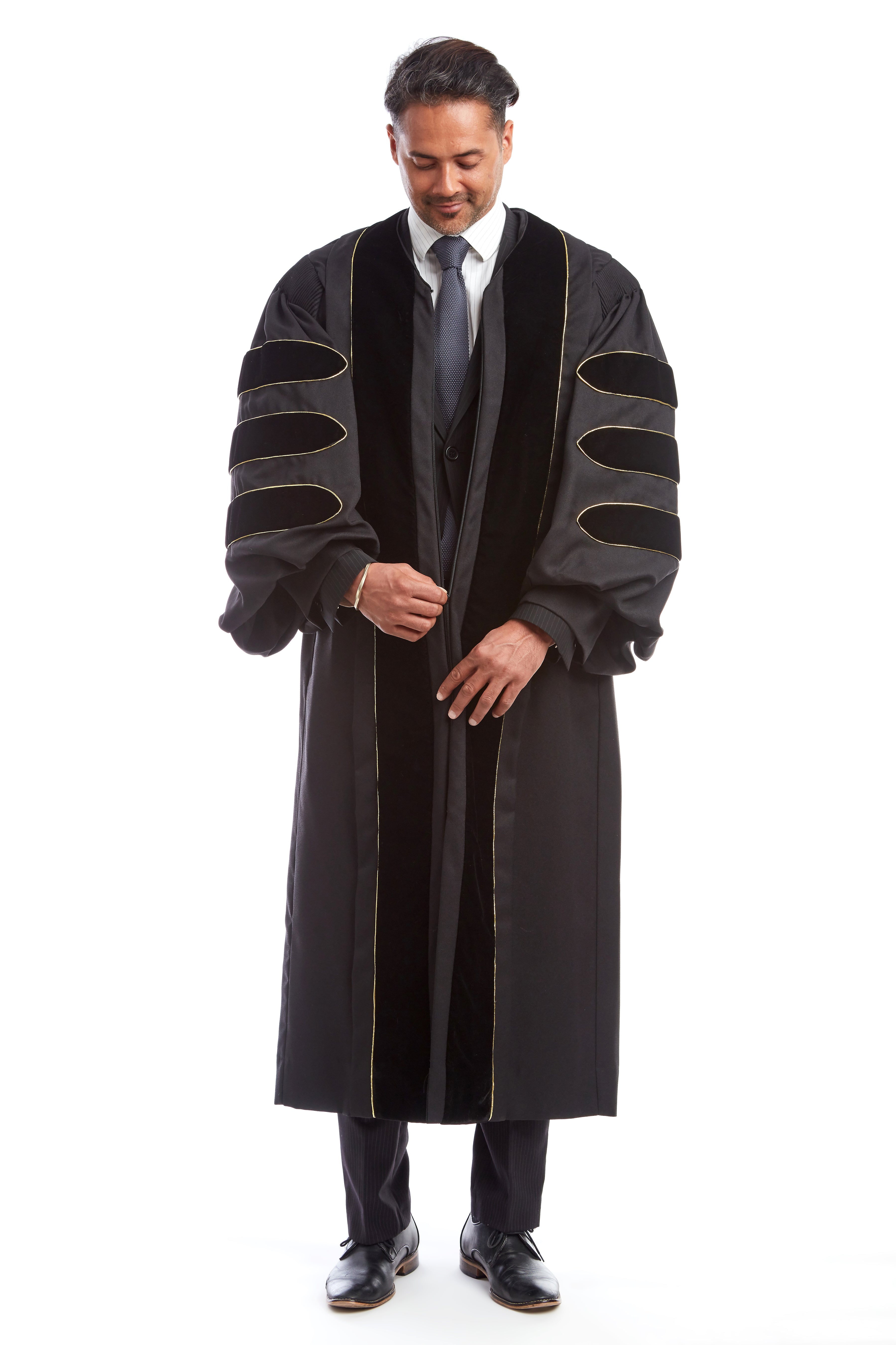 Premium Black Doctoral Gown with Gold Piping for Graduation