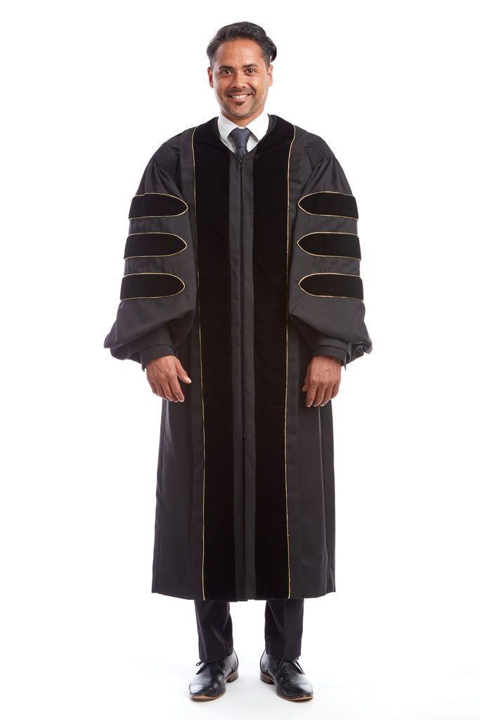Premium Black Doctoral Gown with Gold Piping for Graduation