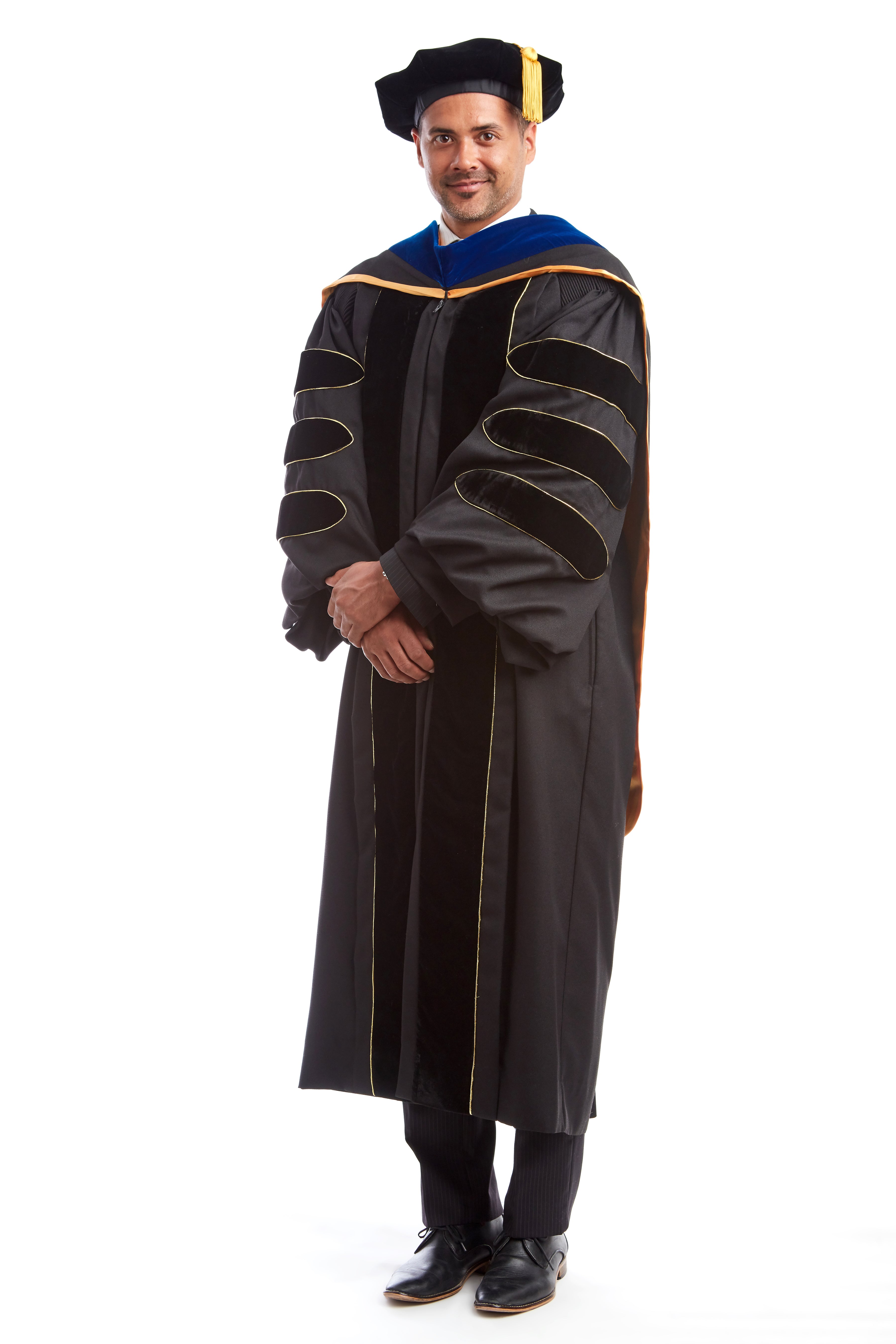 Premium Doctoral Black Gown, 8-Sided Cap / Tam, & PhD Hood Regalia Rental Set